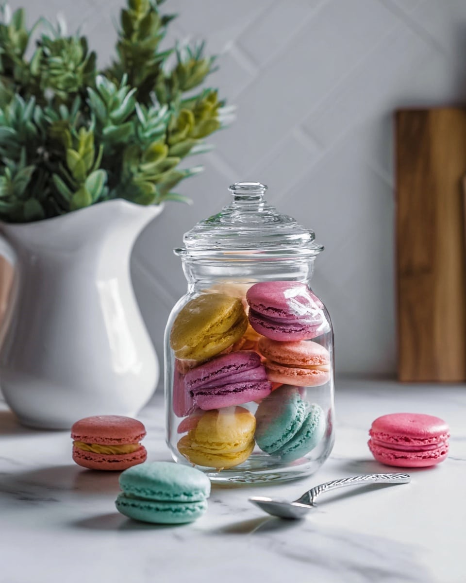 A clear glass jar with a rounded lid on top holds a mix of colorful macarons, including pink, yellow, purple, and orange ones, stacked inside with some leaning against the glass. Around the jar on a white marbled surface, there are a few macarons placed in a random arrangement, showing colors like turquoise blue, pink, and yellow. Behind the jar, there is a white pitcher filled with green leafy plants, creating a soft green backdrop. A silver spoon and an additional pink macaron sit to the right on the surface. The image has a soft, natural light with slight shadows. photo taken with an iphone --ar 4:5 --v 7