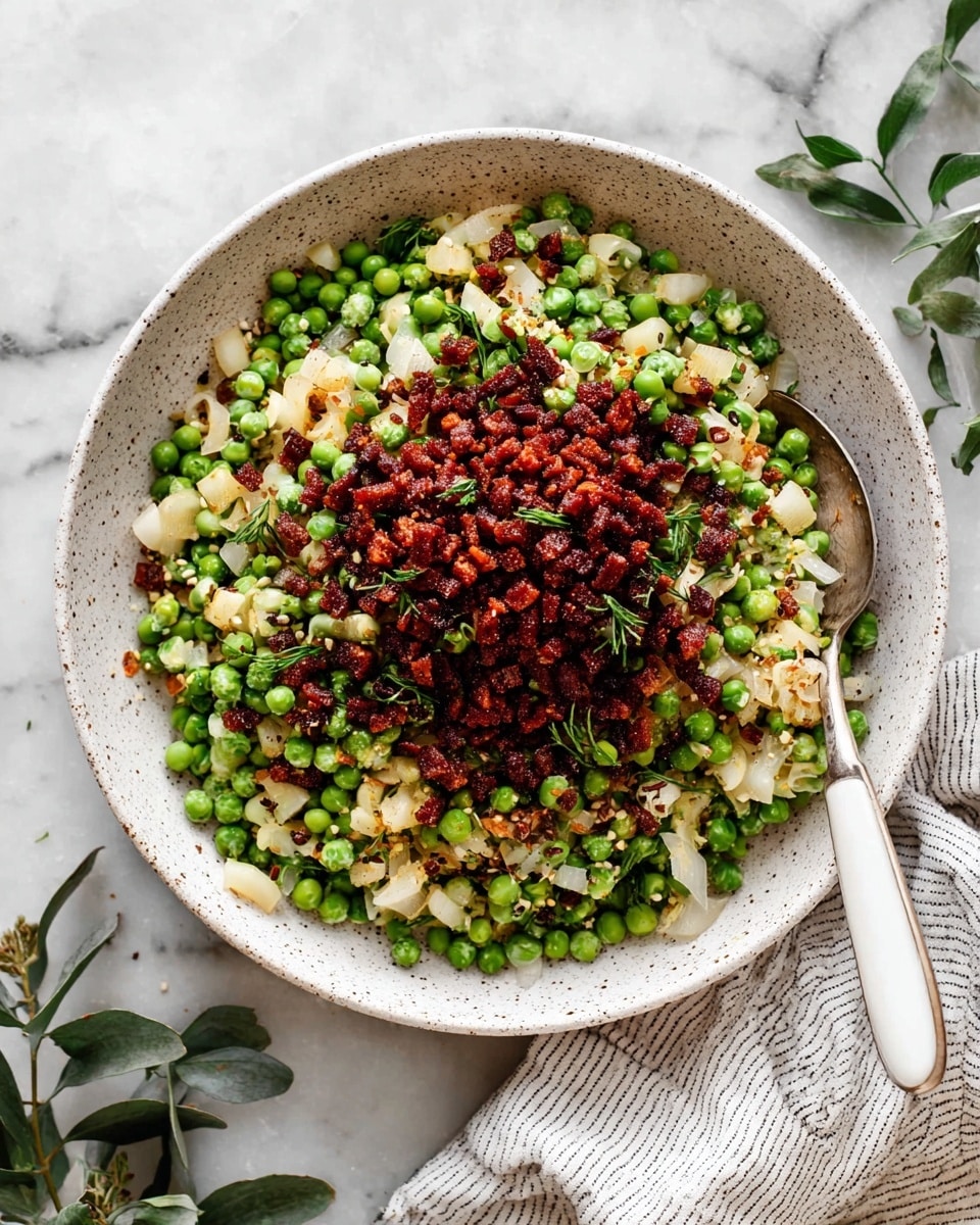 A white speckled wide bowl holds a colorful dish with three main layers. The bottom layer is a mix of green peas spread evenly with light beige thinly sliced onions and small white cubes scattered throughout, all mixed with small green leaf pieces. On top, there is a thick center layer of small dark red-brown cubes, slightly crispy in texture, covering a round area in the middle. Around the bowl is a silver spoon with a white handle resting on the food. The bowl sits on a white marbled surface with a light striped cloth to the right and some green leaves near the edges. Photo taken with an iphone --ar 4:5 --v 7