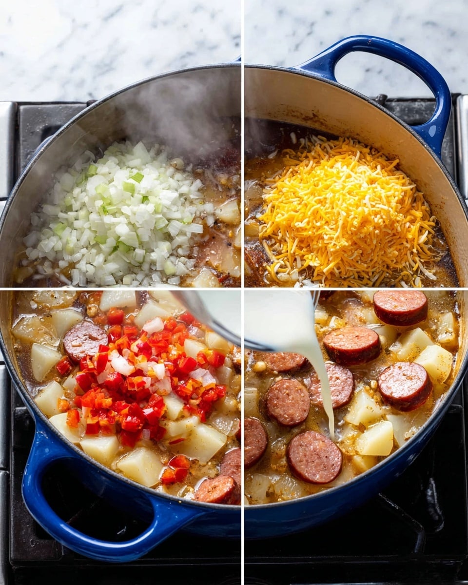 A blue pot on a stove shows four cooking stages: first, a layer of finely chopped white onions, celery, and small red bell pepper pieces; second, slices of browned sausage added on top of a dark brown bubbling liquid with potato pieces visible underneath; third, a creamy white liquid being poured over the sausage and vegetables; and fourth, a rounded pile of finely shredded bright yellow cheese sitting on top of the creamy bubbling mixture with sausage slices and potatoes around it, steam rising from the pot. The surface is white marble. photo taken with an iphone --ar 4:5 --v 7