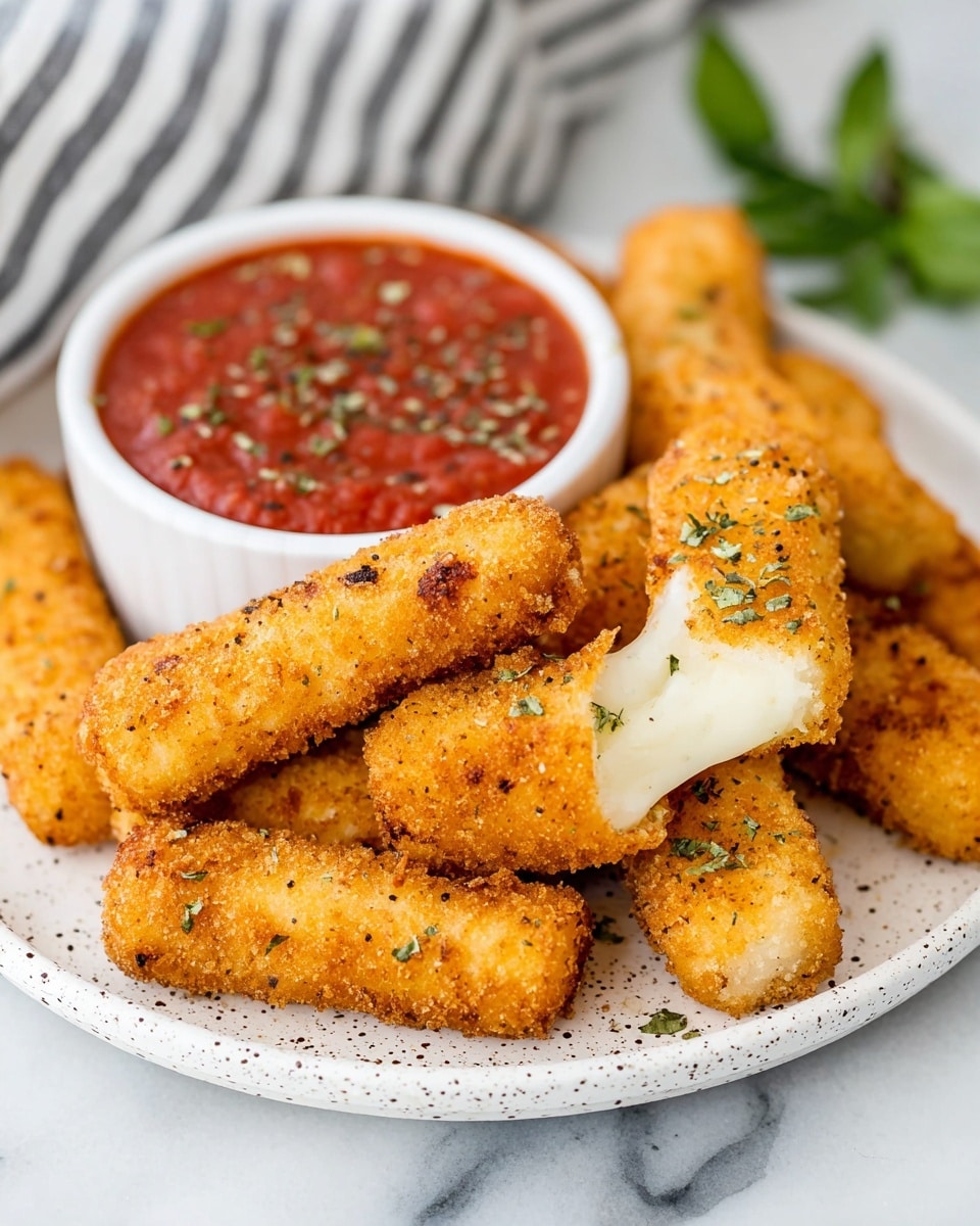 A white plate with black speckles holds a stack of golden brown, crispy mozzarella sticks arranged in a scattered way. On the right side, two mozzarella sticks have soft, melted white cheese oozing out. Behind the mozzarella sticks is a small white bowl filled with thick red marinara sauce, topped with green herb sprinkles. The setting is on a white marbled surface with a blurred striped cloth and green herb leaves in the background. photo taken with an iphone --ar 4:5 --v 7