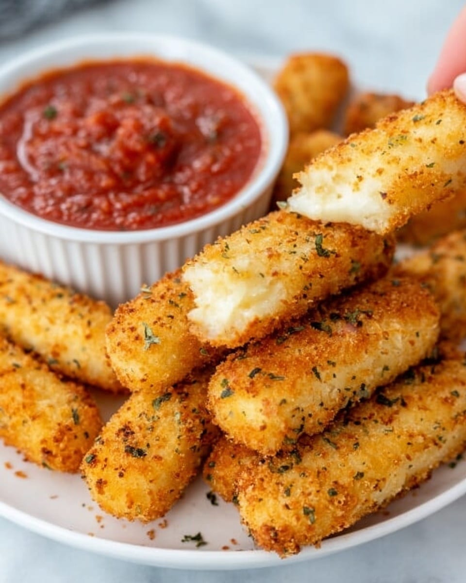 A white plate on a white marbled surface holds several golden brown mozzarella sticks with a crispy breadcrumb coating sprinkled with herbs. Behind the mozzarella sticks, there is a small white ramekin filled with red marinara sauce that shows chunks of tomato. A woman's hand is dipping one mozzarella stick into the sauce. The colors are warm and inviting, with the cheese sticks stacked in a slightly uneven pile. Photo taken with an iphone --ar 4:5 --v 7