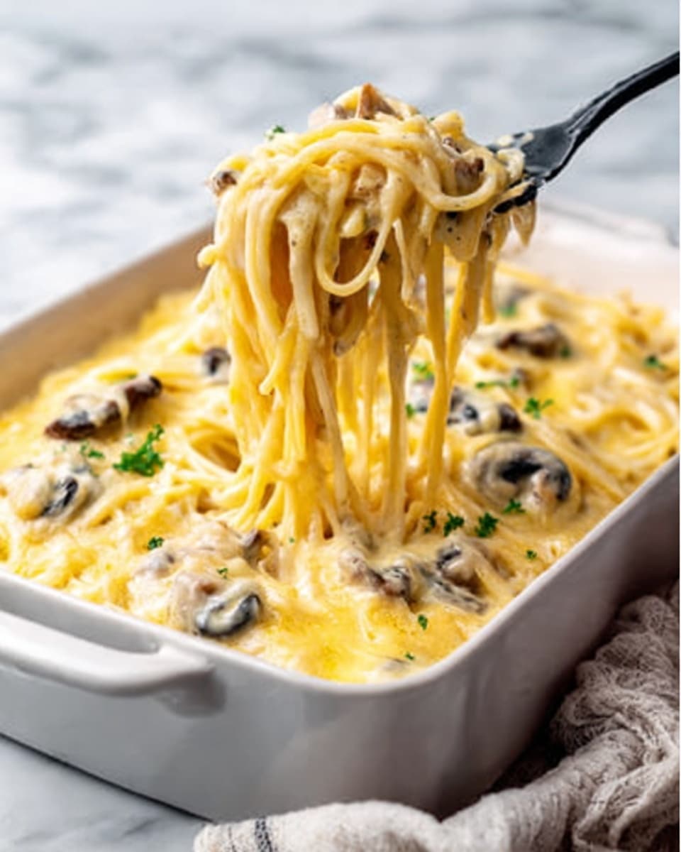 A white rectangular dish filled with creamy yellow pasta covered in melted cheese, with some black mushrooms mixed in. A black serving fork lifts a portion of the long pasta strands, showing their smooth and soft texture, with the sauce clinging to them. The dish is on a white marbled surface, with a light cloth visible near the bottom right corner, giving a cozy feeling. photo taken with an iphone --ar 4:5 --v 7