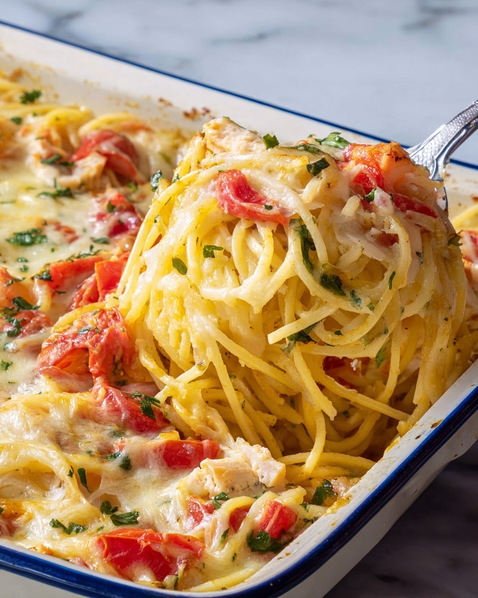 A close-up view of a baked pasta dish in a white rectangular baking dish with a blue rim, showing three layers: the bottom layer of long, thin yellow spaghetti noodles, the middle layer with chunks of red tomatoes and small pieces of white chicken, and the top layer covered with melted, lightly browned cheese scattered with green parsley bits. A spoon lifts a portion from the dish, highlighting the mix of creamy cheese, soft noodles, and juicy tomatoes, all glistening under soft light on a white marbled surface. Photo taken with an iphone --ar 4:5 --v 7