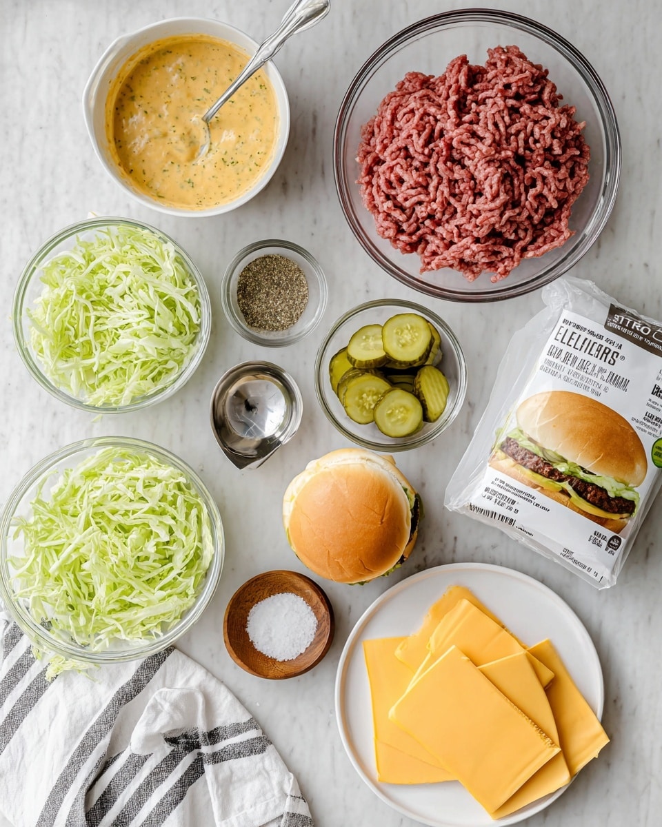 The image shows ingredients for making sliders arranged neatly on a white marbled surface. In the top right is a clear glass bowl filled with raw ground beef, with thin strands visible. To the left of the beef, a white bowl holds a creamy, yellow-orange sauce with herbs and a metal spoon inside. Below that, a small clear glass bowl contains round slices of pickles. Next to the pickles is a small white bowl with black pepper, and below it, a wooden bowl with white salt and a shiny silver measuring spoon. On the bottom left, a clear bowl is full of shredded green lettuce. In the center bottom, a white plate holds six slices of yellow cheese stacked slightly on each other. To the right, two soft white mini slider buns are placed on top of a package showing pictures of sliders. At the very bottom right, there is a small white bowl with another seasoning. A corner of a white cloth with black stripes is at the bottom left. Photo taken with an iphone --ar 4:5 --v 7