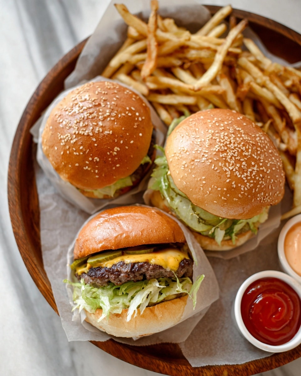 Three small burgers sit on clear wax paper inside a round wooden tray, each with a light brown sesame seed bun. The middle burger, shown from the side, has three layers: a bottom bun topped with a thick dark brown beef patty covered in melted yellow cheese, thin round pickle slices, shredded pale green lettuce, and a light orange sauce, all covered by the top bun. The other two burgers are viewed from above, showing only their smooth, round buns sprinkled with sesame seeds and some shredded lettuce peeking out from under the buns. To the right of the burgers is a pile of golden brown fries with some darker crispy spots. A small white container filled with red ketchup is placed near the top right, and a small white dish of light orange sauce is partially visible in the lower left corner, all set on a white marbled surface. Photo taken with an iphone --ar 4:5 --v 7