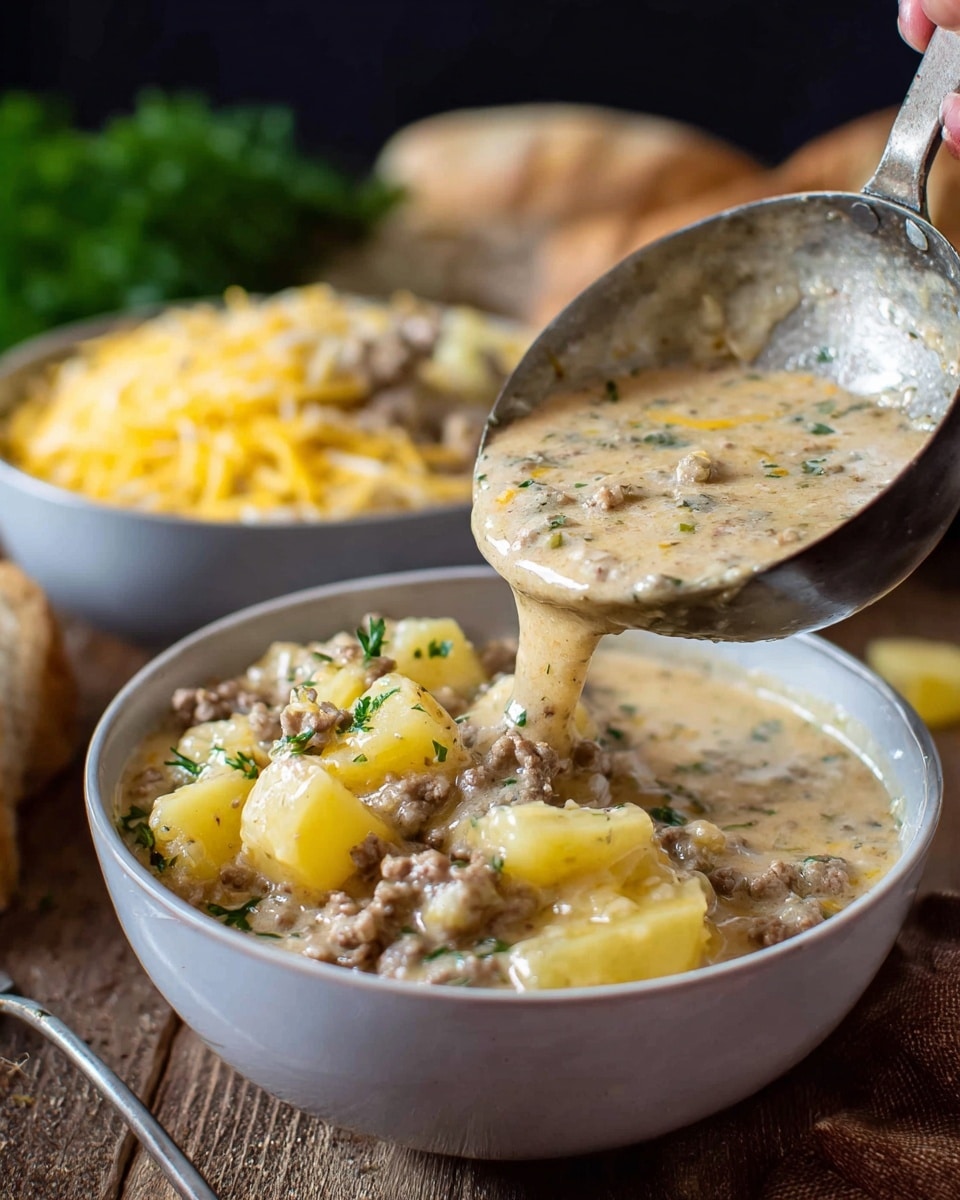 The image shows a close-up of a thick, creamy stew being poured from a large metal ladle into a white bowl. The stew has a mix of chunky yellow potato pieces and ground meat in a light beige sauce with visible bits of green herbs. Behind this bowl, there is another white bowl filled with the same stew, topped with grated yellow cheese. The background features a wooden surface and some blurred green herbs and bread. A woman's hand holds the ladle as the stew pours slowly, filling the bowl below. The photo is taken with an iphone --ar 4:5 --v 7