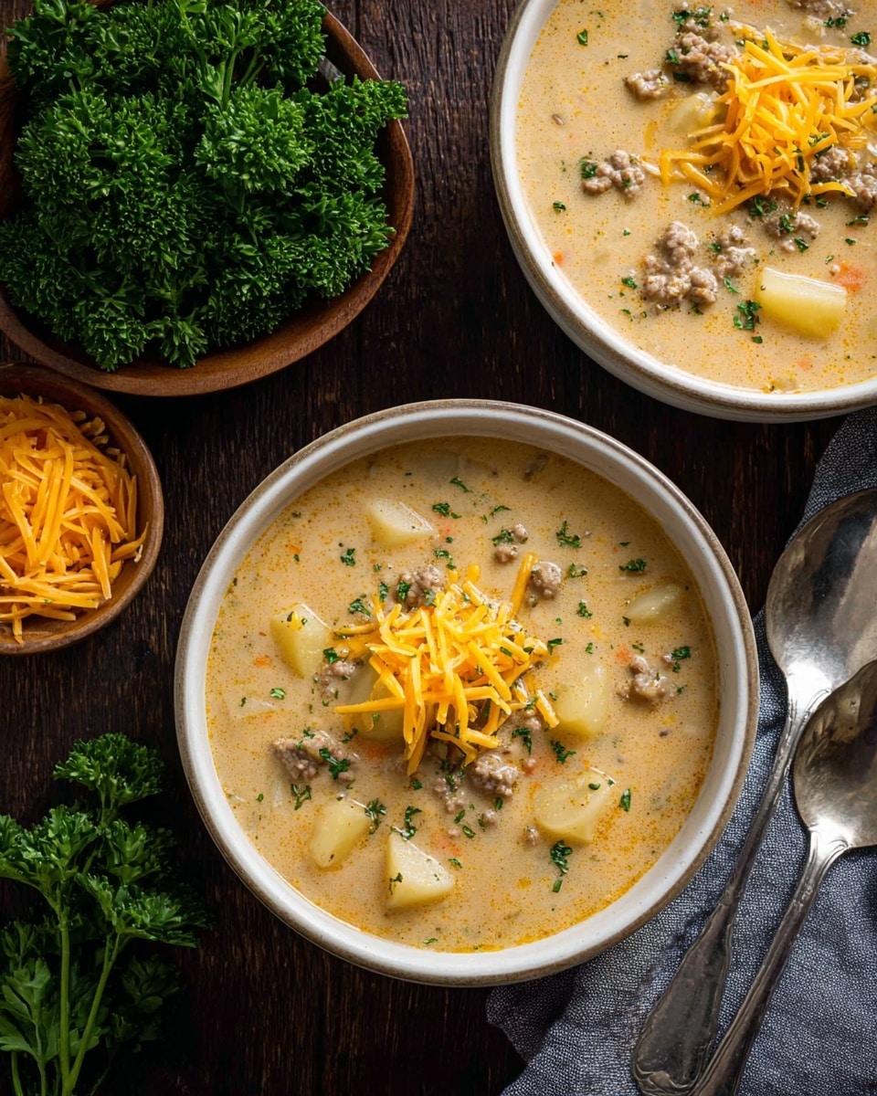 Two white bowls filled with creamy soup featuring a light brown base, small chunks of yellow potato, and ground meat pieces in light brown color spread evenly throughout. The top center of the soup in each bowl is crowned with a small pile of shredded bright orange cheddar cheese and lightly sprinkled with small green herb flakes. The bowls are placed on a dark wooden surface beside fresh green parsley bunches, a wooden bowl with extra shredded cheddar cheese, two silver spoons, and a gray cloth napkin. The light and texture reveal a cozy, thick soup perfect for cold weather. Photo taken with an iphone --ar 4:5 --v 7