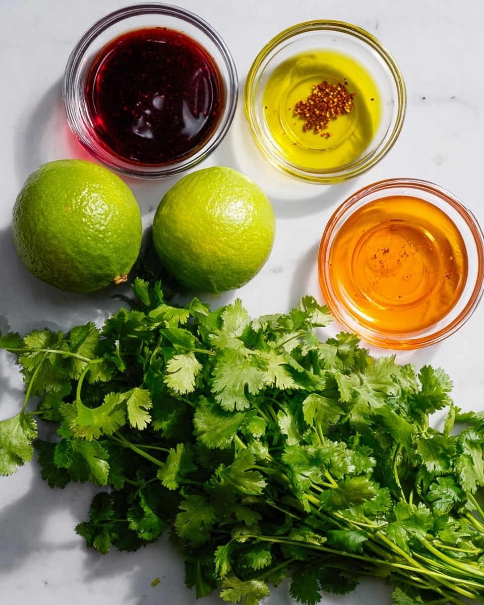 The image shows a bunch of fresh green cilantro with leafy, delicate textures, placed on a white marbled surface on the right side. To its left, there are two whole bright green limes, smooth and round. Above the limes, there are four small clear glass bowls arranged closely: one contains a thick dark reddish-brown sauce, another has a bright yellow oil, one holds an orange liquid with visible seeds, and the last bowl contains a deep red liquid. The colors are vibrant, and everything is neatly arranged on the white marbled surface. photo taken with an iphone --ar 4:5 --v 7