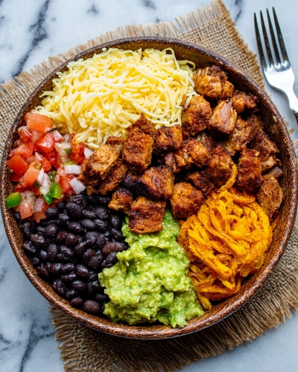 The image shows a round bowl filled with multiple layers of food arranged in sections. Starting from the top, there are shredded pale yellow cheese on one side, crispy brown pieces of cooked meat in the center, and bright orange cooked plantains on the right. To the left of the meat, there is a mix of diced red tomatoes and onions, next to a green, chunky guacamole-like layer. Below that, black beans fill the bottom left side of the bowl. The bowl is placed on a white marbled surface with a white fork resting beside it. photo taken with an iphone --ar 4:5 --v 7
