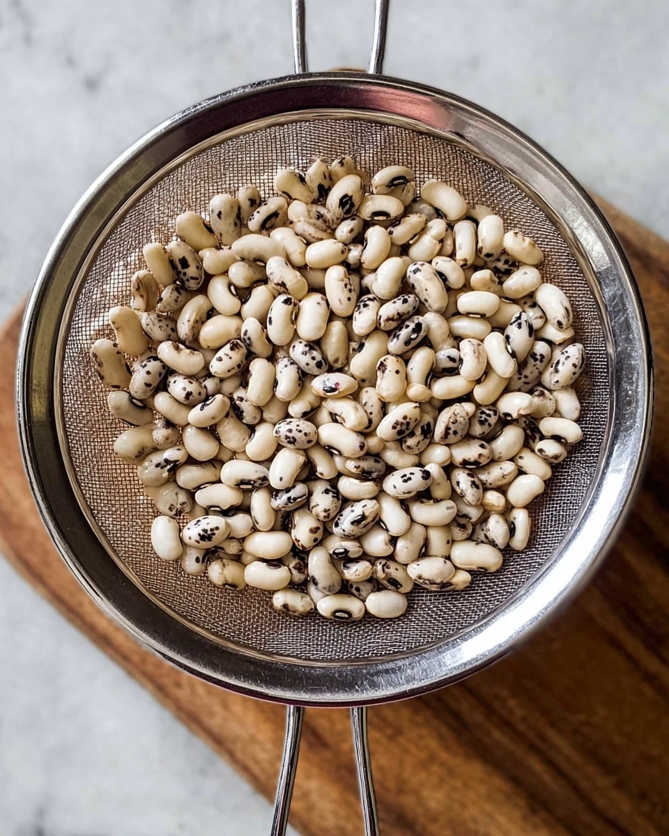 A close-up image of a silver metal sieve filled with white beans that have small black spots. The sieve is placed above a wooden surface, showing a netted texture inside the sieve and a shiny metal rim and handle. The beans fill the sieve almost to the top, creating a round, layered look with their smooth, slightly curved shapes. The background is changed to a white marbled texture. Photo taken with an iphone --ar 4:5 --v 7