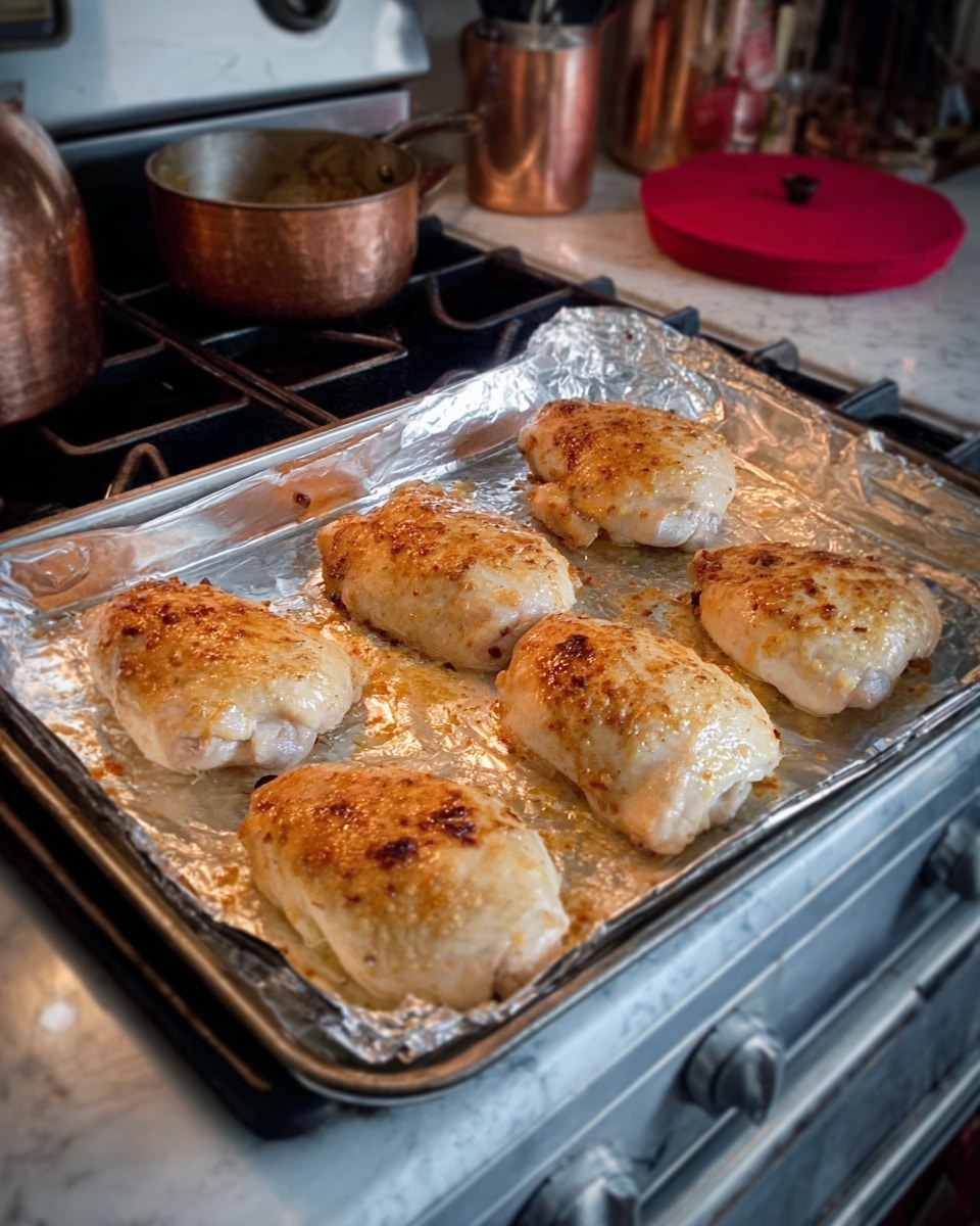The image shows six baked chicken pieces on a shiny silver baking tray lined with foil. The chicken is light golden and slightly crispy on top with small brown spots. The pieces are evenly spaced in two rows of three. The baking tray is placed on a white marbled stove surface. In the background, there are copper cooking pots and a red pot holder. The photo taken with an iphone --ar 4:5 --v 7