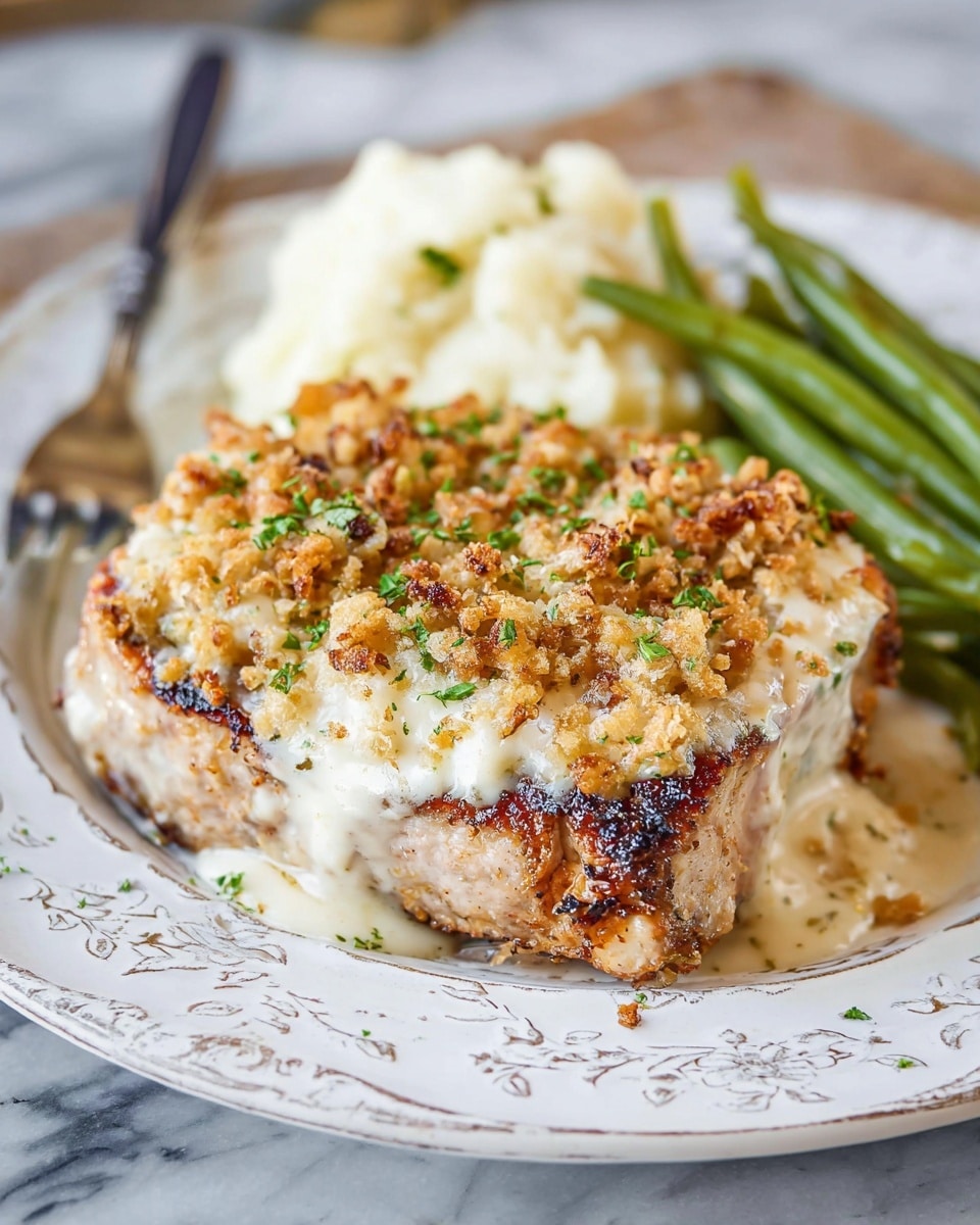 The dish is served on a white plate with decorative patterns, placed on a white marbled surface. The main part is a thick grilled piece of meat that appears cooked with a slightly browned, crispy edge. On top of this meat is a thick layer of creamy sauce covered with golden-brown toasted breadcrumbs and sprinkled with small green herb pieces. On the upper side of the plate, there are two separate piles of sides: mashed white potatoes with a soft texture and green beans that are slightly wrinkled and cooked. In the background, there is a metal fork resting on the plate. The photo is clear and close-up, showing texture and detail. Photo taken with an iphone --ar 4:5 --v 7