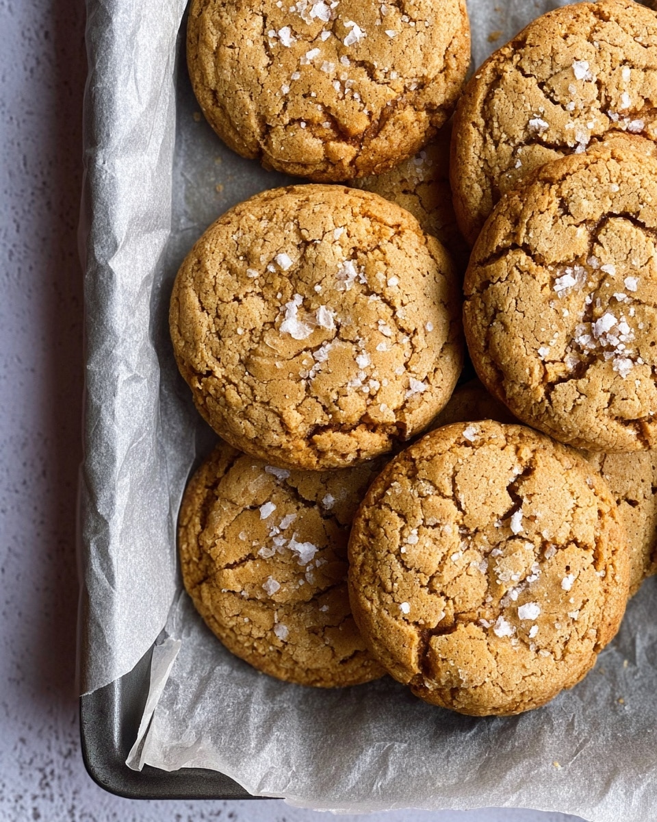 A close-up of several golden brown cookies with a cracked surface and coarse salt flakes sprinkled on top, resting closely together on a piece of crinkled parchment paper inside a gray baking tray; the background is a white marbled surface. photo taken with an iphone --ar 4:5 --v 7