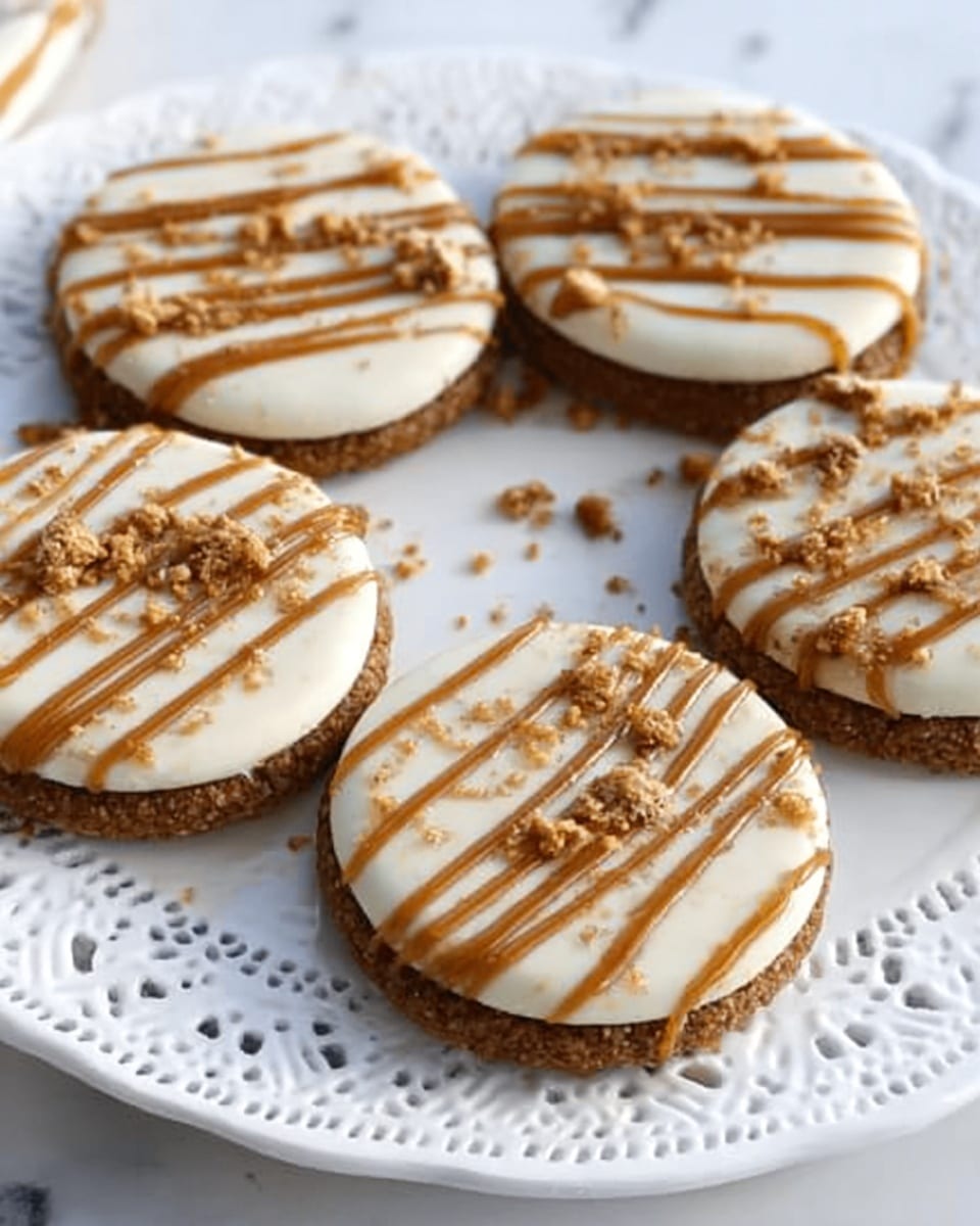 The image shows five round cookies on a white plate with a lacy edge, placed on a white marbled surface. Each cookie has two layers: a firm brown bottom layer with a textured surface and a smooth white top layer. The white layer is decorated with thin, uneven caramel-colored lines drizzled across in diagonal stripes and small crumbs scattered on top. The overall look is neat and inviting with a mix of smooth and crumbly textures. Photo taken with an iphone --ar 4:5 --v 7