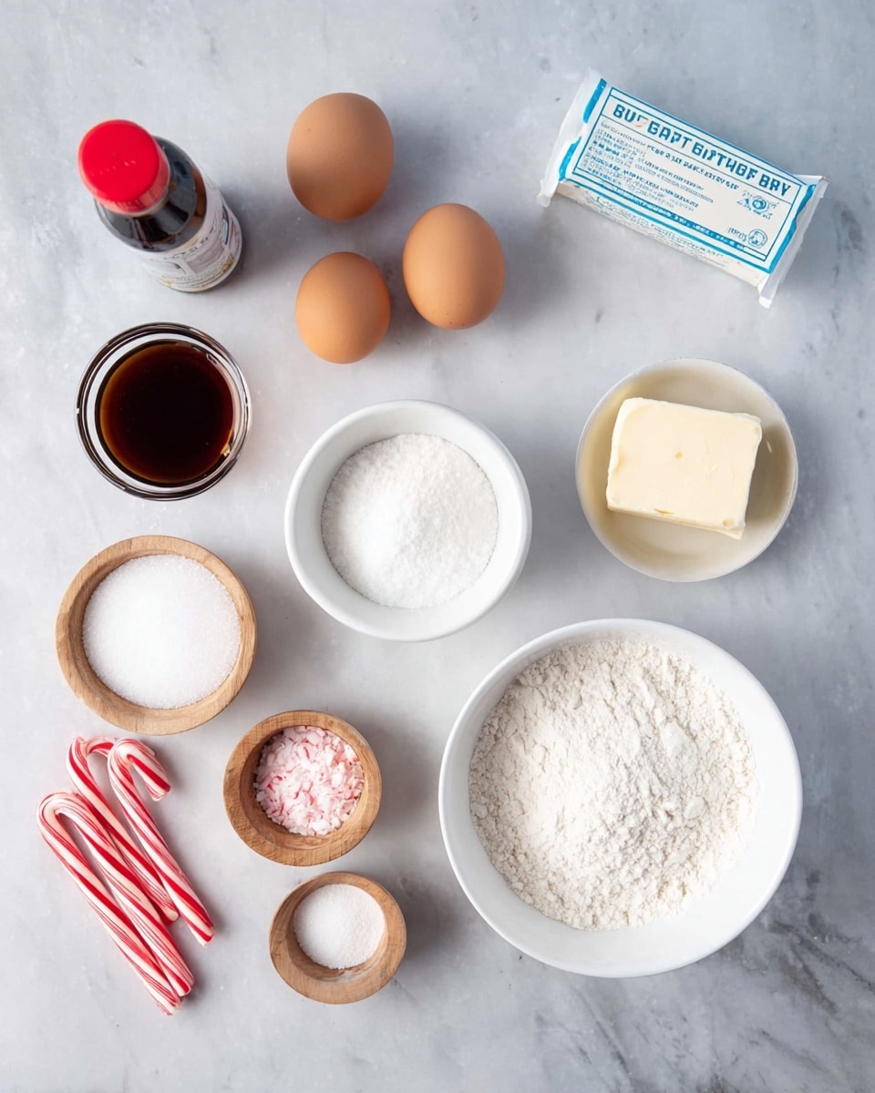 The image shows baking ingredients laid out on a white marbled surface, including two whole brown eggs near the center, a white bowl filled with flour at the bottom right, and another white bowl filled with sugar above the eggs. There is a stick of butter in white packaging with blue text to the right. Small wooden bowls contain salt, baking soda, and a pink powder near the bottom left along with three candy canes. A small glass bowl with a dark brown liquid and a bottle of vanilla extract with a red cap are placed at the top left. photo taken with an iphone --ar 4:5 --v 7
