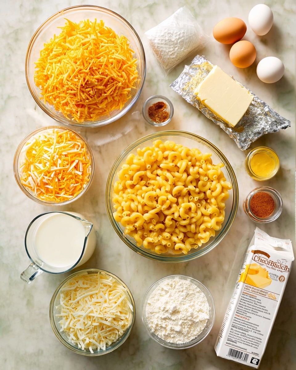 A top-down view of various clear glass bowls and containers arranged on a white marbled surface, each holding different ingredients for macaroni and cheese. In the center, a large clear bowl contains yellow macaroni pasta. To the top left, a medium bowl is filled with shredded orange cheddar cheese. Below the pasta bowl, two smaller clear bowls hold mixed shredded cheeses—one with both orange and white cheese, and the other with white cheese only. To the bottom left, a glass measuring cup is filled with white milk. Next to it, there is a block of cream cheese half unwrapped in silver foil and a small wrapped butter pack. Above the pasta bowl, there are two white eggs and a small bowl with spices (salt and paprika). To the right, a white carton labeled