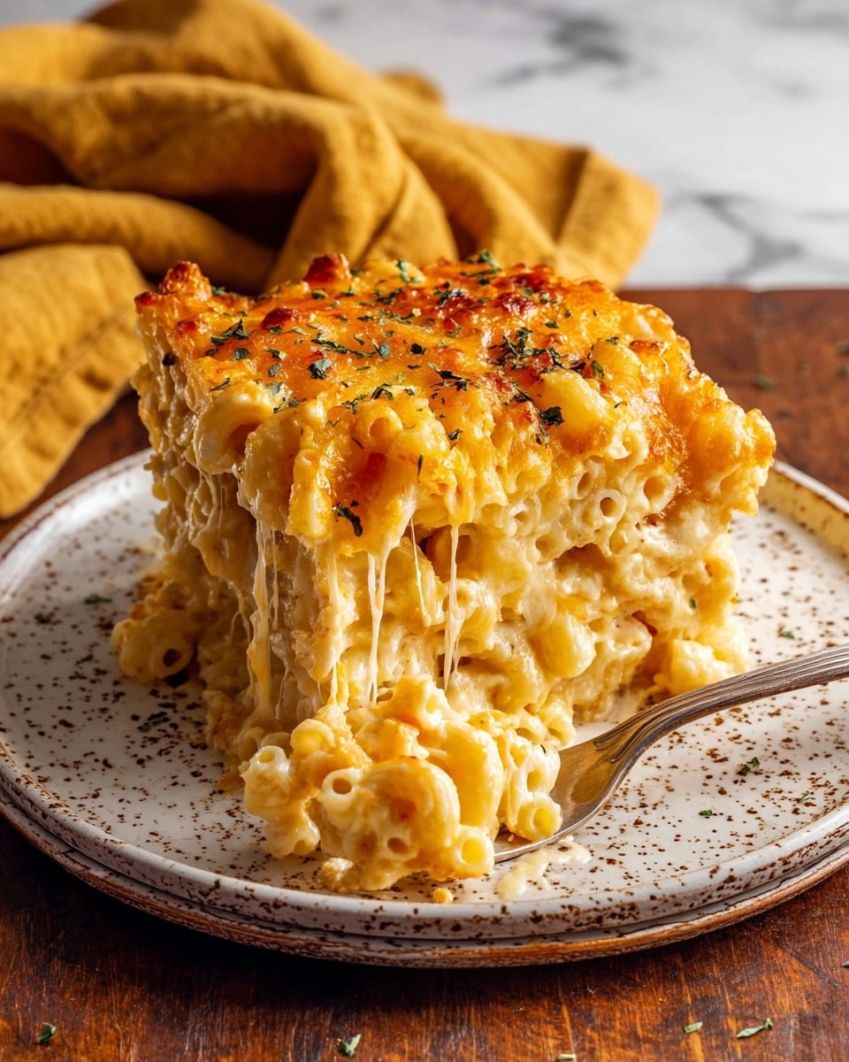 A thick, square slice of baked macaroni and cheese sits on a white plate with brown speckles, showing three dense layers of macaroni pasta coated in creamy, golden-orange melted cheese. The top layer is browned and bubbly with crisp cheese edges and sprinkled green herbs, while gooey cheese strands stretch from the dish to a silver fork holding some pasta pieces on a white marbled surface. A soft golden-yellow cloth is seen in the background, adding warmth to the scene. photo taken with an iphone --ar 4:5 --v 7