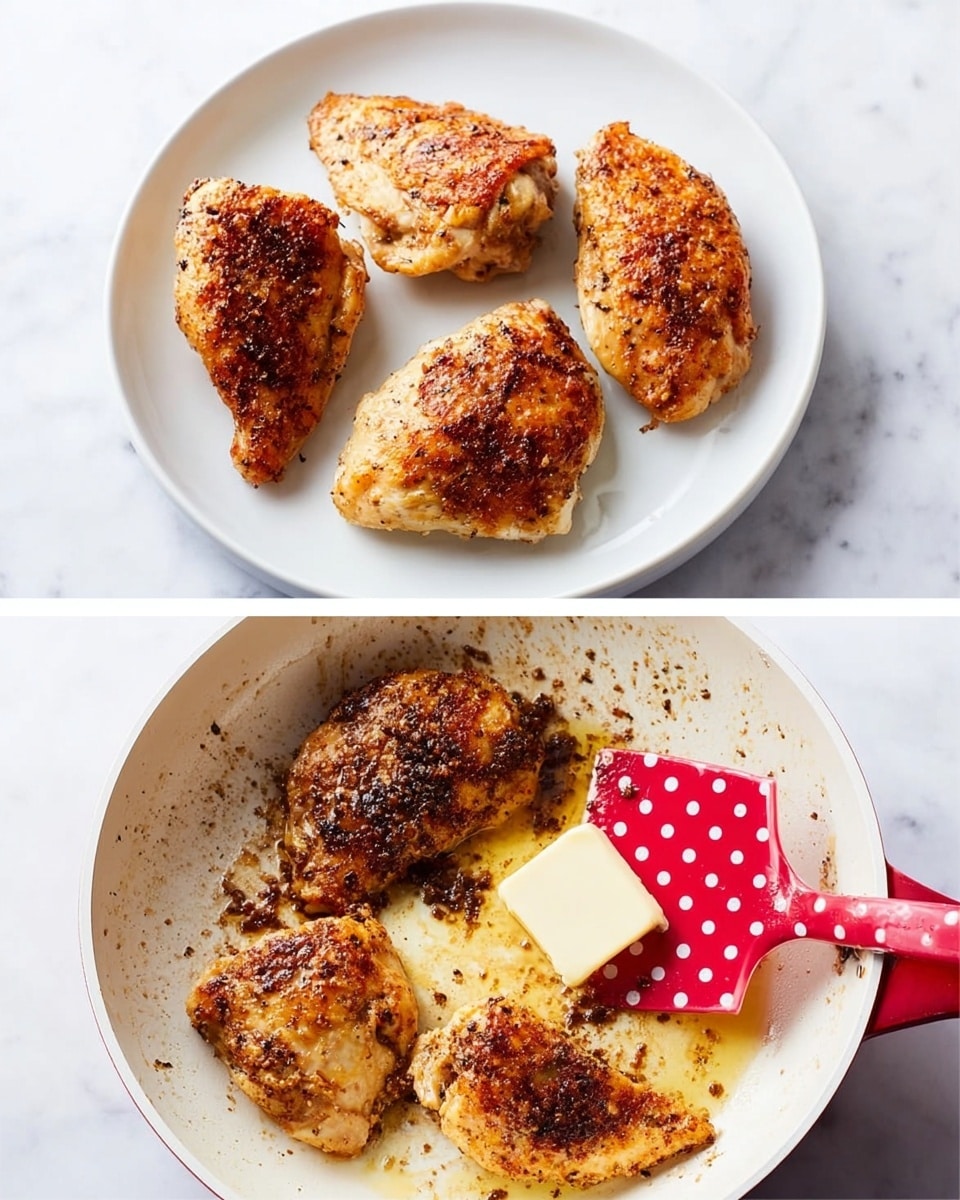 The image shows four pieces of cooked chicken on a white plate placed on a white marbled surface; the chicken pieces are golden brown with some darker crispy spots, each piece varying in shape and size, showing a slightly rough cooked texture on top. The second part of the image shows a white pan with dark brown cooked bits stuck on the surface and a small cube of pale yellow butter melting in the middle, with a red spatula with white polka dots resting on the side of the pan. photo taken with an iphone --ar 4:5 --v 7