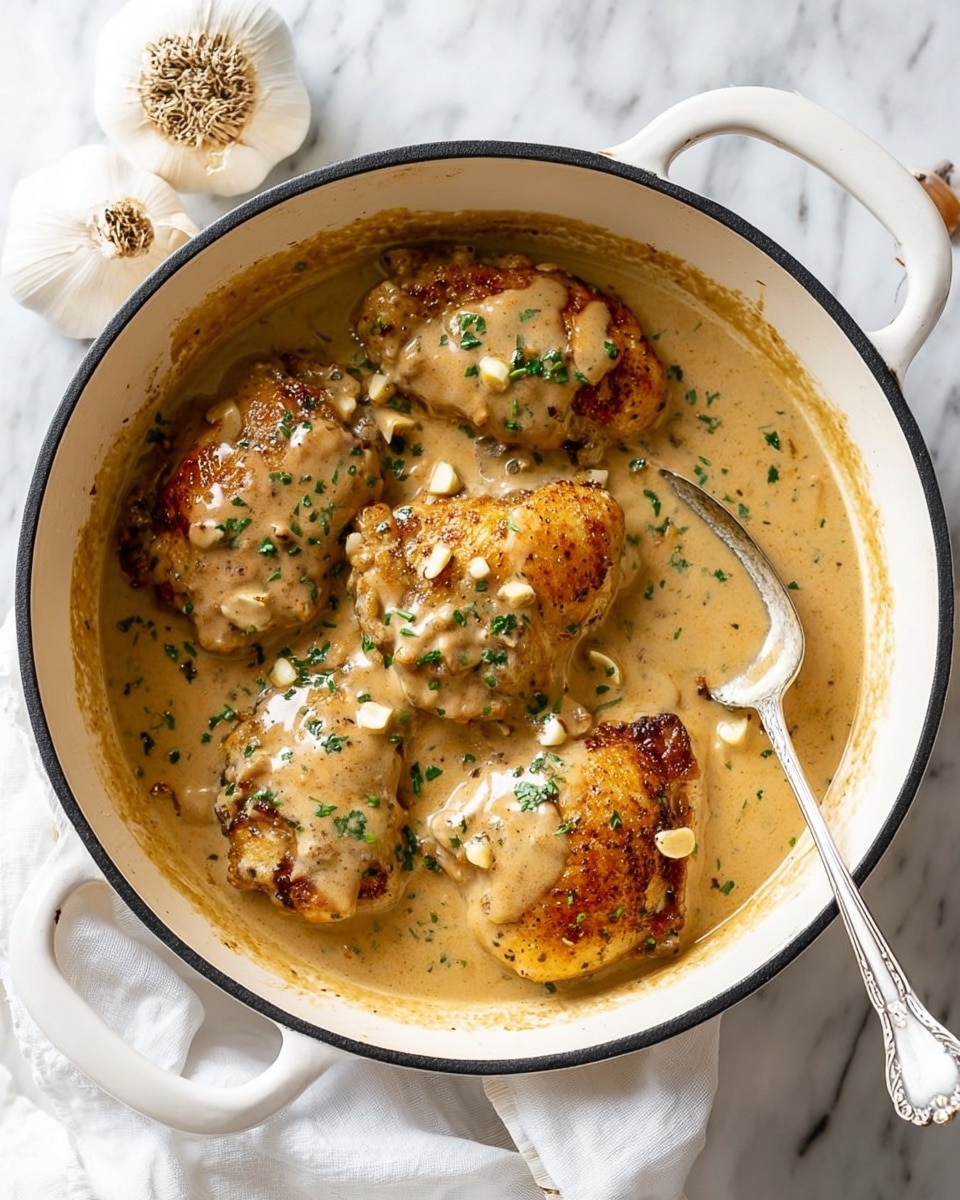 A white pot with black handles holds four pieces of golden brown cooked chicken, each partly covered in thick, light brown creamy sauce with small green herbs sprinkled on top. Around the chicken, there are small whole garlic cloves mixed in the sauce. A silver spoon rests inside the pot, slightly submerged in the sauce. The pot sits on a white marbled surface with a white cloth nearby. Two bulbs of garlic are placed in the background. photo taken with an iphone --ar 4:5 --v 7