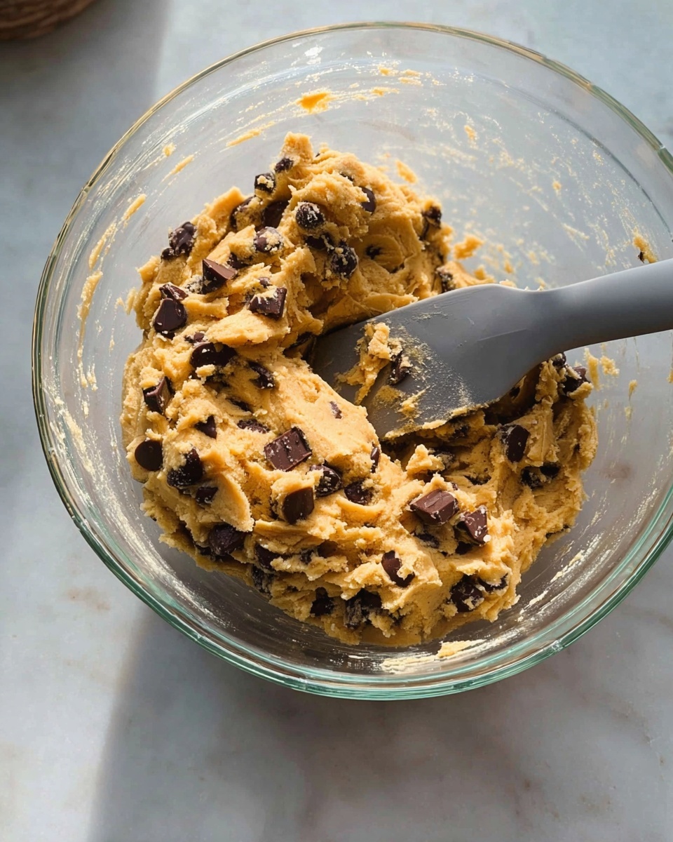 A clear glass bowl filled with thick, light golden cookie dough mixed with many dark brown chocolate chips and chocolate chunks, showing a rough, slightly sticky texture. A gray spatula with some dough on it is placed inside the bowl on the right side. The bowl sits on a white marbled surface with soft natural light casting gentle shadows. Photo taken with an iphone --ar 4:5 --v 7