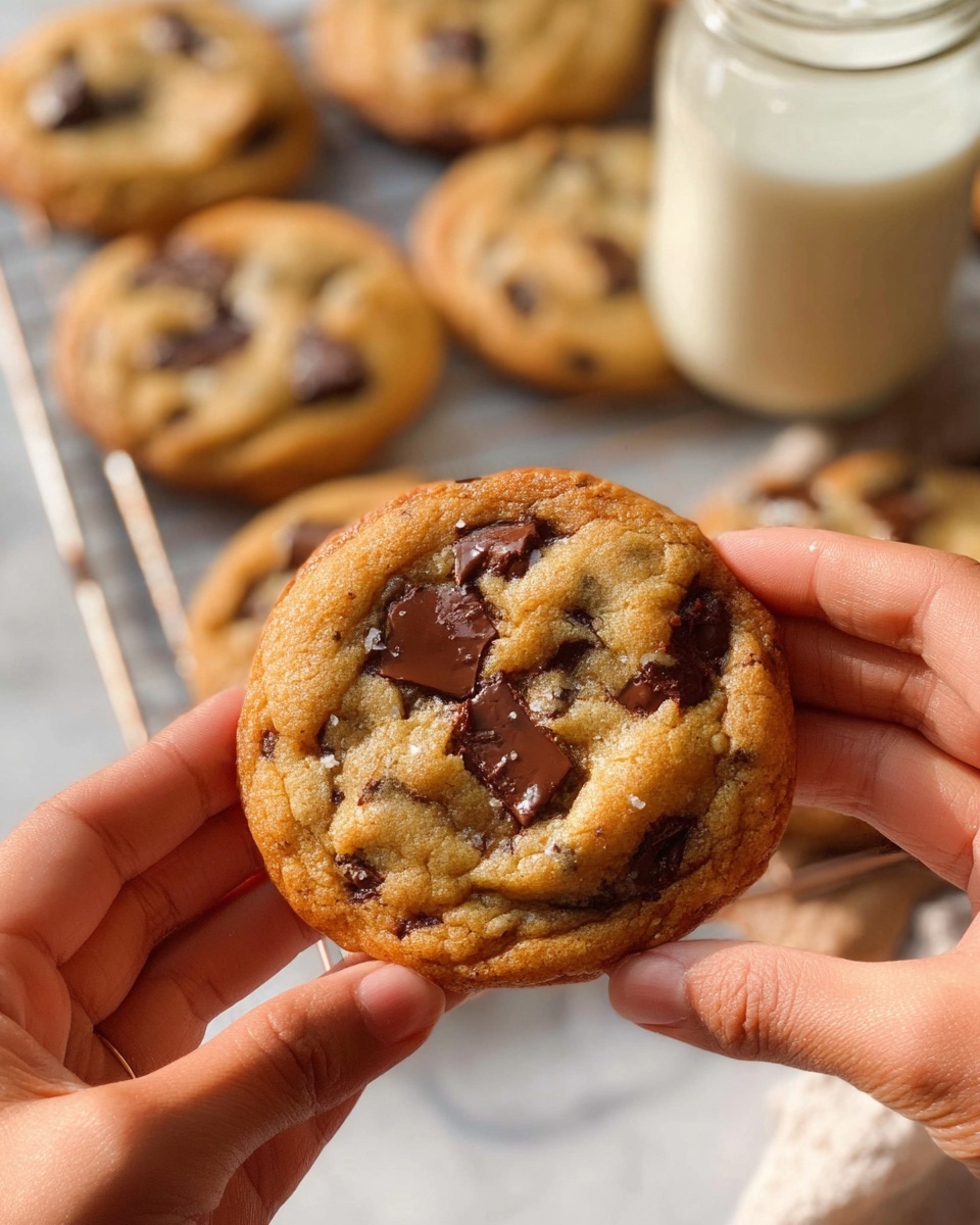 A close-up image of a golden-brown chocolate chip cookie held by two woman's hands, showing a soft texture with melted dark chocolate chunks spread through the top and inside the cookie. The cookie has a slightly cracked surface with a warm tone. In the background, several similar cookies rest on a metal cooling rack over a white marbled surface. A glass jar with a white creamy drink sits out of focus behind the cookies. The lighting is natural and bright, highlighting the warm colors of the cookie and hands. Photo taken with an iphone --ar 4:5 --v 7