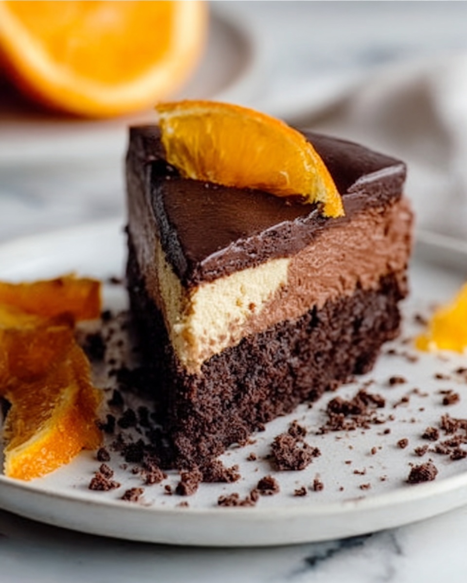 A slice of chocolate cake with three visible layers lies on a white plate, set on a white marbled surface. The bottom layer is dense and slightly crumbly with a dark brown color. Above it is a slightly lighter, creamy chocolate layer with a smooth texture. The top layer is a thin, darker chocolate glaze with a glossy finish, topped with a thin slice of orange, adding a touch of bright orange color. Around the plate are scattered chocolate crumbs and segments of fresh orange. Photo taken with an iphone --ar 4:5 --v 7