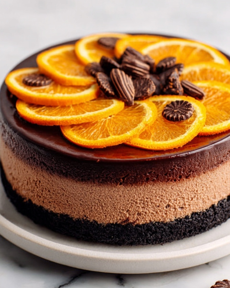 A round cake with three visible layers sits on a white plate on a white marbled surface. The bottom layer is dark and crumbly like chocolate cookie crust. The middle layer is light brown and smooth, looking like creamy chocolate mousse. The top layer is darker and shiny, like a thick chocolate glaze. On top, there are round orange slices with a bright color and a shiny texture, arranged in a circle on the edge with some chocolate pieces between them. The cake looks rich and smooth. Photo taken with an iphone --ar 4:5 --v 7