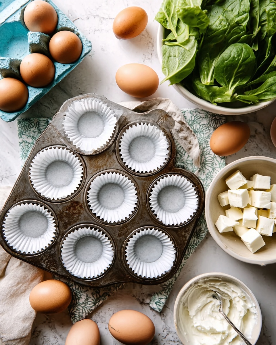 Egg Muffins with Spinach and Feta Recipe 4 The image shows a metal muffin tray with six white paper liners inside each cup, sitting on a patterned cloth on a white marbled surface. Around the tray, there are several brown eggs, some in a blue carton and some loose. To the upper right, there is a large white bowl filled with fresh green leafy vegetables. Near the bottom right, a white bowl holds white cubed pieces, and a smaller bowl next to it contains a white creamy substance with a spoon resting inside. The overall scene is bright and fresh, focusing on raw cooking ingredients. Photo taken with an iphone --ar 4:5 --v 7
