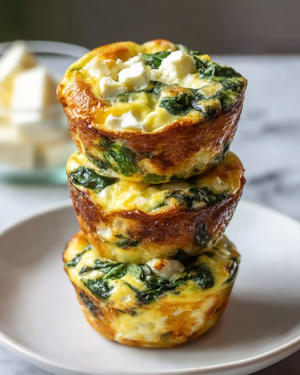 Egg Muffins with Spinach and Feta Recipe 5 Three egg muffins are stacked on top of each other on a white plate. Each muffin has a golden brown crust with visible bright green spinach leaves and white chunks of cheese mixed inside. The muffins have a soft and slightly fluffy texture with some browned spots on the edges. The background is a white marbled surface with a blurred small glass bowl holding white cheese pieces in the back. Photo taken with an iphone --ar 4:5 --v 7