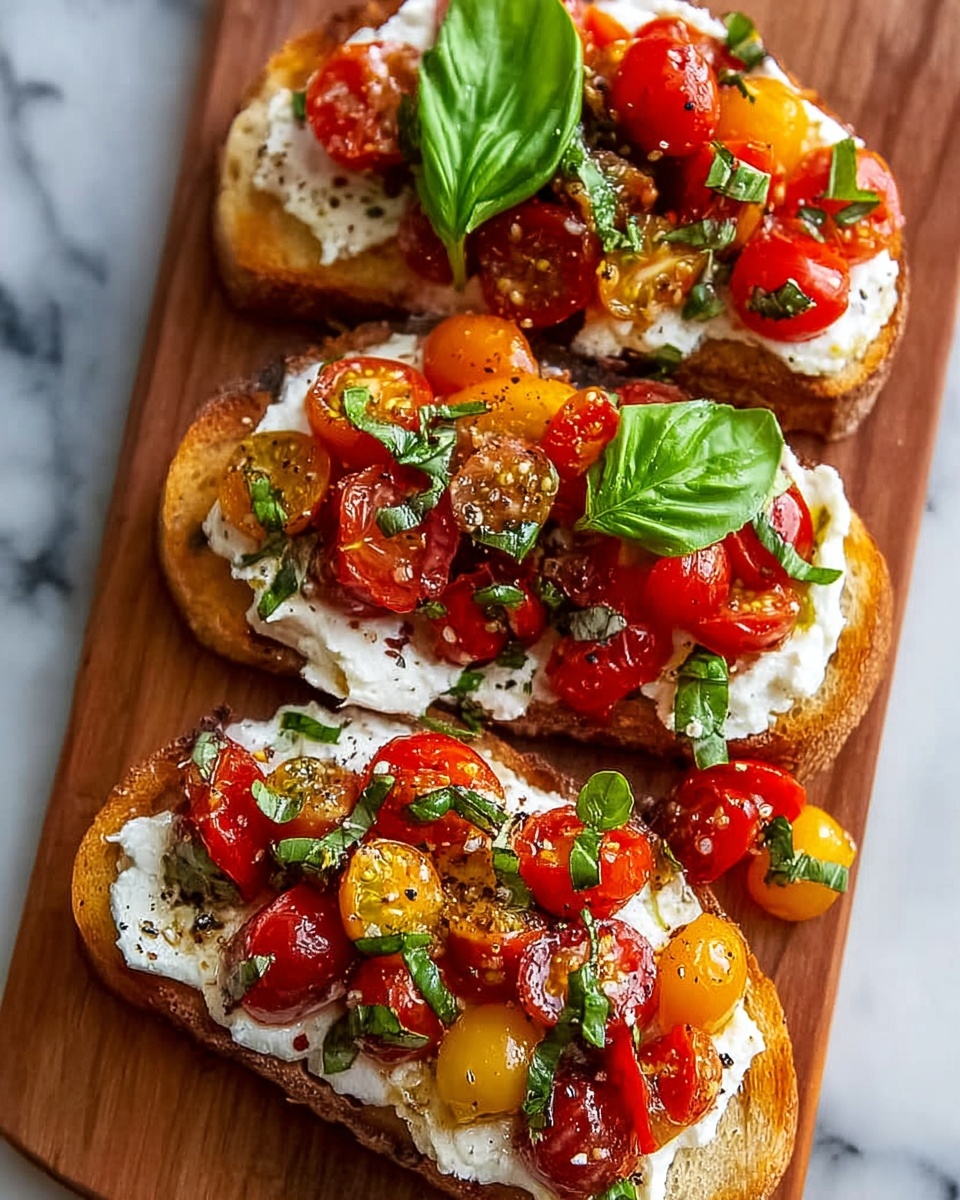 The image shows several pieces of toasted bread on a light wooden board, each slice topped with a thick layer of white creamy cheese, dollops forming a soft, uneven texture. On top of the cheese are bright red tomato chunks mixed with finely chopped dark green basil leaves, lightly drizzled with golden olive oil and sprinkled with coarse black pepper. A whole fresh green basil leaf rests on the tomato layer, adding a fresh contrast. The bread edges are darker with a toasted, slightly charred look. The scene is set on a white marbled surface with scattered cherry tomatoes and basil leaves in the background. Photo taken with an iphone --ar 4:5 --v 7