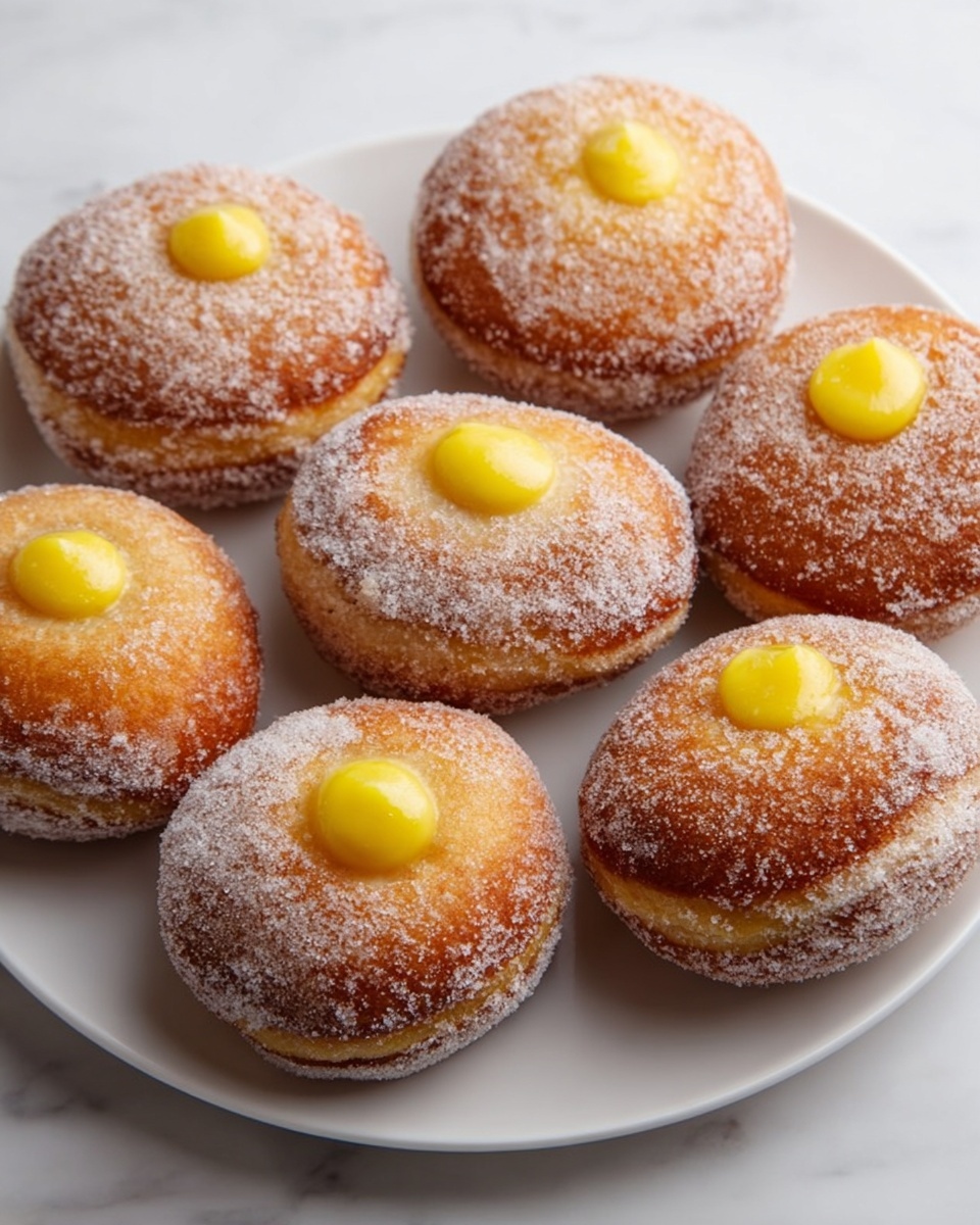 The image shows four round doughnuts with a golden brown color and a sugar coating sitting side by side in a white rectangular dish lined with a white paper towel. Each doughnut has a dollop of pale yellow cream filling visible in the center on top. The dish is placed on a white marbled surface, with a blurry bowl of pale yellow cream and a small dish of white powder with a green mint leaf in the background. A woman's hand is holding the edge of the dish from the top left corner. photo taken with an iphone --ar 4:5 --v 7