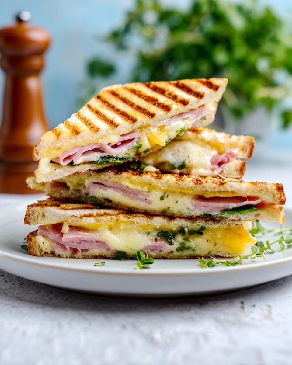 Sándwich de Queso y Champiñones Recipe 5 The image shows a white plate with three triangular toasted sandwiches stacked on top of each other. Each sandwich has golden-brown grill marks on the outside. Inside, layers of mushrooms, melted yellow cheese, and green leafy herbs are visible. The plate is on a white marbled surface with a blurred background of a brown pepper grinder and some green plants. photo taken with an iphone --ar 4:5 --v 7