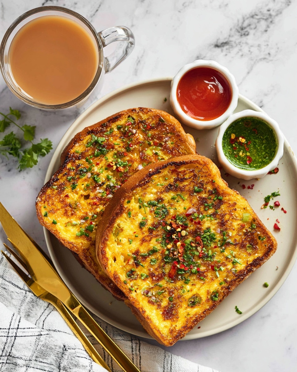 Two thick slices of golden-brown French toast are stacked slightly overlapping on a white plate, each slice speckled with green herbs and small red chili flakes. The toast has a crispy, textured surface with visible bits of finely chopped vegetables embedded in the egg batter. To the top right of the plate, two small white ramekins hold vibrant dips—one bright red and smooth, the other rich green with a chunky texture. Above the plate, a glass cup filled with light brown tea sits on a white marbled surface. A gold knife and fork rest to the bottom left of the plate on a folded white and gray checkered cloth. Photo taken with an iphone --ar 4:5 --v 7