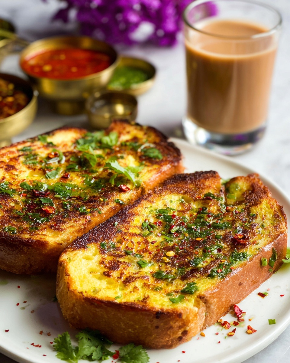 Two thick slices of golden-brown toasted bread are placed on a white plate with scattered green herbs and tiny red flakes on top. The toast has a crispy texture with some darker browned spots and bits of fresh green herbs spread evenly across the surface. In the background, there are two small brass bowls filled with red and green sauces, and a clear glass cup filled with a light brown drink on a white marbled surface. Some purple flowers are softly blurred in the far back. photo taken with an iphone --ar 4:5 --v 7