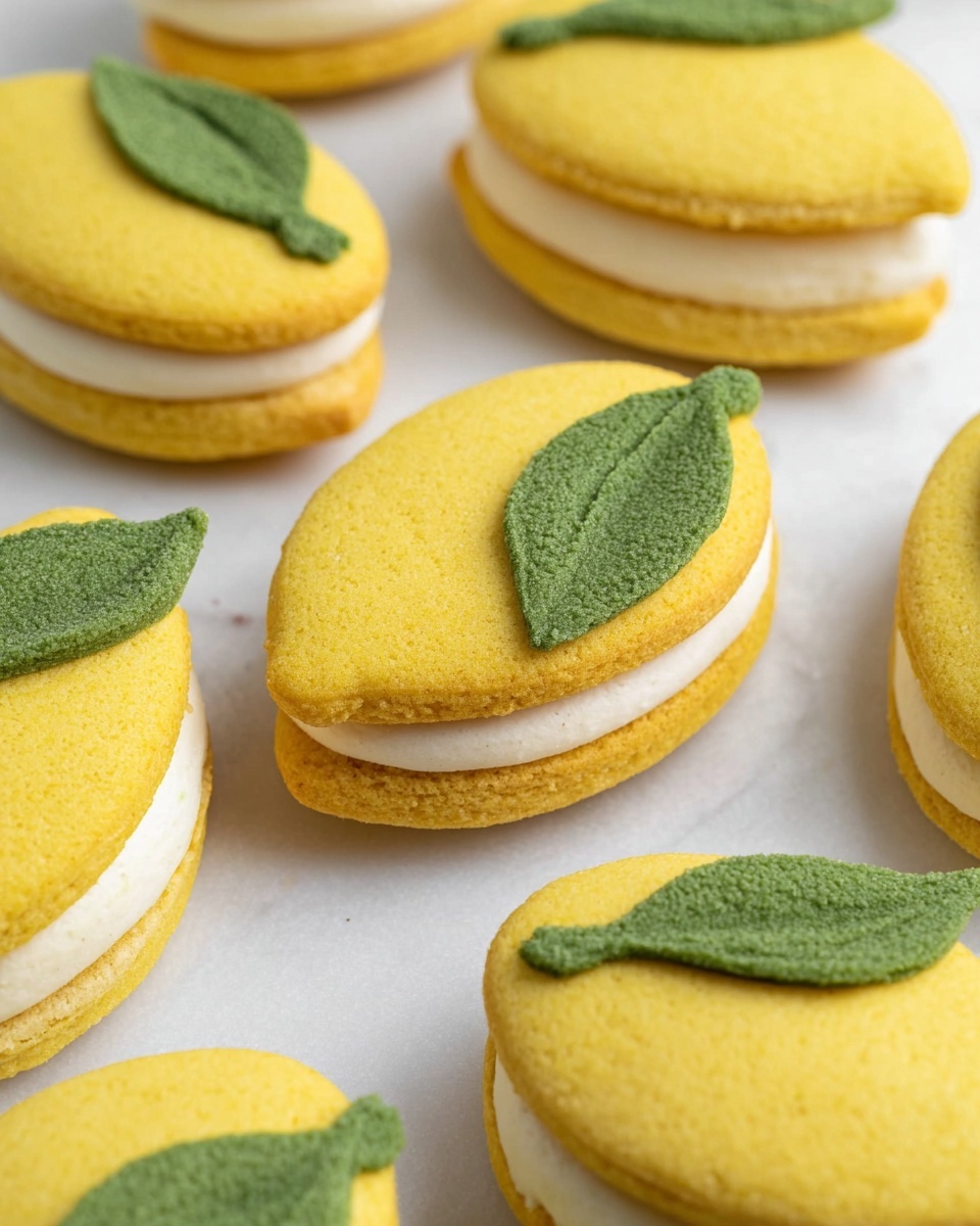 The image shows several lemon-shaped sandwich cookies on a white marbled surface. Each cookie has two bright yellow layers forming the lemon shape, with a smooth, thick white cream layer in the middle. On top, there are two small, textured green leaves placed near one end, adding a fresh touch. The cookies are soft-looking with a slightly rough surface, and they are close to each other but not stacked. Photo taken with an iphone --ar 4:5 --v 7