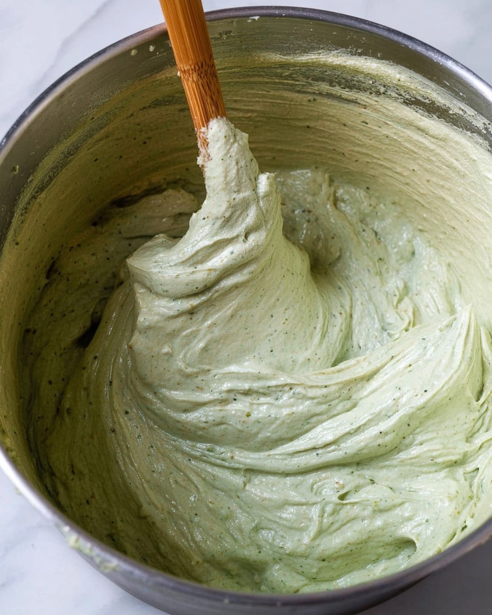 A close-up view inside a metal pot filled with a thick, creamy mixture that is light green with darker green specks. The texture looks smooth but sticky and stretchy with some small bubbles and folds. A wooden spoon is partially submerged, covered with the same light green mix. The background is white marble. photo taken with an iphone --ar 4:5 --v 7