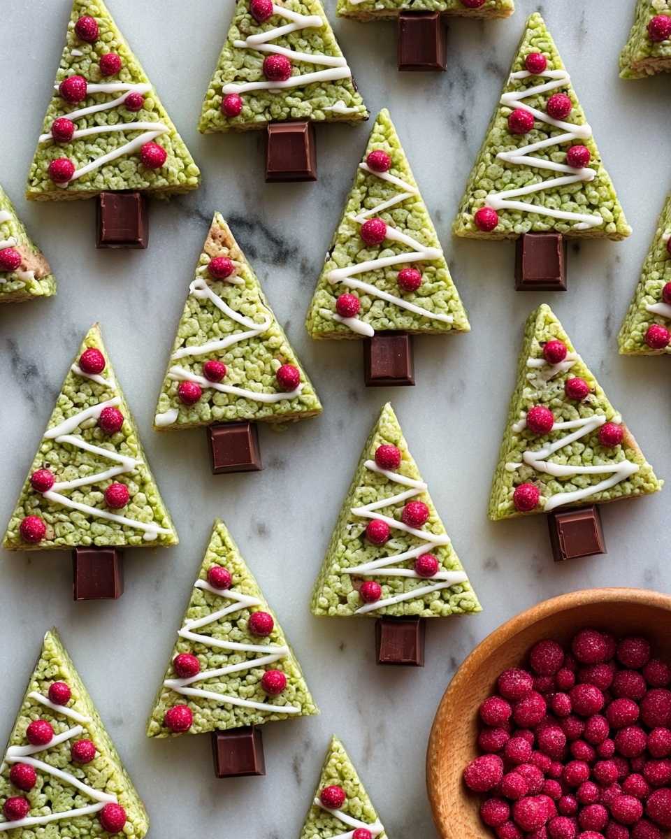 The image shows triangle-shaped treats that look like Christmas trees, arranged on a white marbled surface. Each treat has two layers: the top layer is a green textured triangle that looks like a crispy rice treat, decorated with white zigzag lines of icing, and small red round candy pieces scattered over it, resembling ornaments. The bottom of each triangle has a small rectangular brown chocolate piece attached, representing the tree trunk. The treats are neatly placed in a repeated pattern, and on the right side, there is a small wooden bowl filled with more red round candy pieces. Photo taken with an iphone --ar 4:5 --v 7