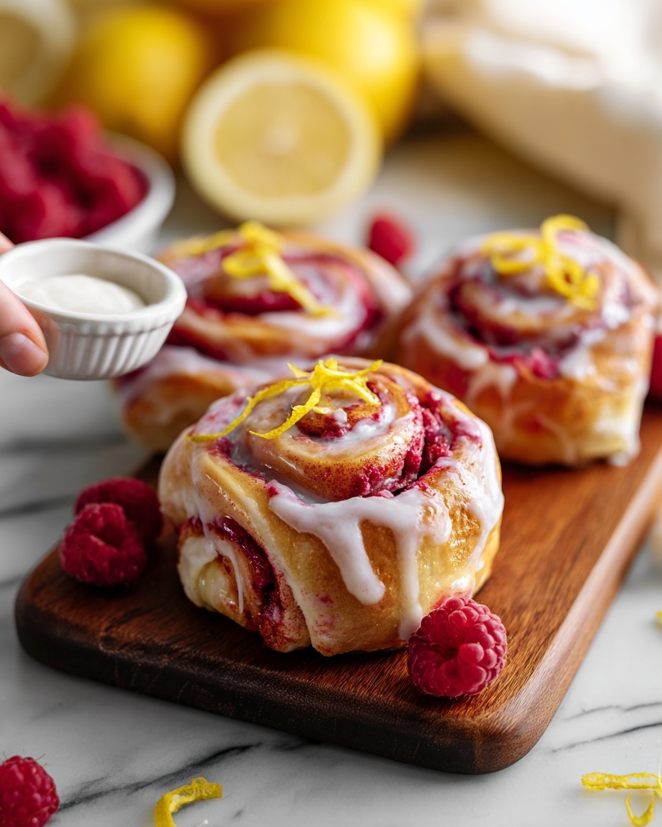 The image shows three raspberry lemon rolls placed on a wooden board. Each roll has a visible swirl pattern with layers of soft, golden-brown dough mixed with vibrant red raspberry filling and topped with smooth white icing that drapes over the sides. On top of each roll, there are thin lemon zest strips adding bright yellow color. Fresh raspberries are scattered around the rolls on the board, adding a pop of deep red. The background is a white marbled texture with a blurred white plate holding more rolls and some yellow lemons visible. A woman's hand reaches in from the left holding a small white bowl with extra icing. Photo taken with an iphone --ar 4:5 --v 7