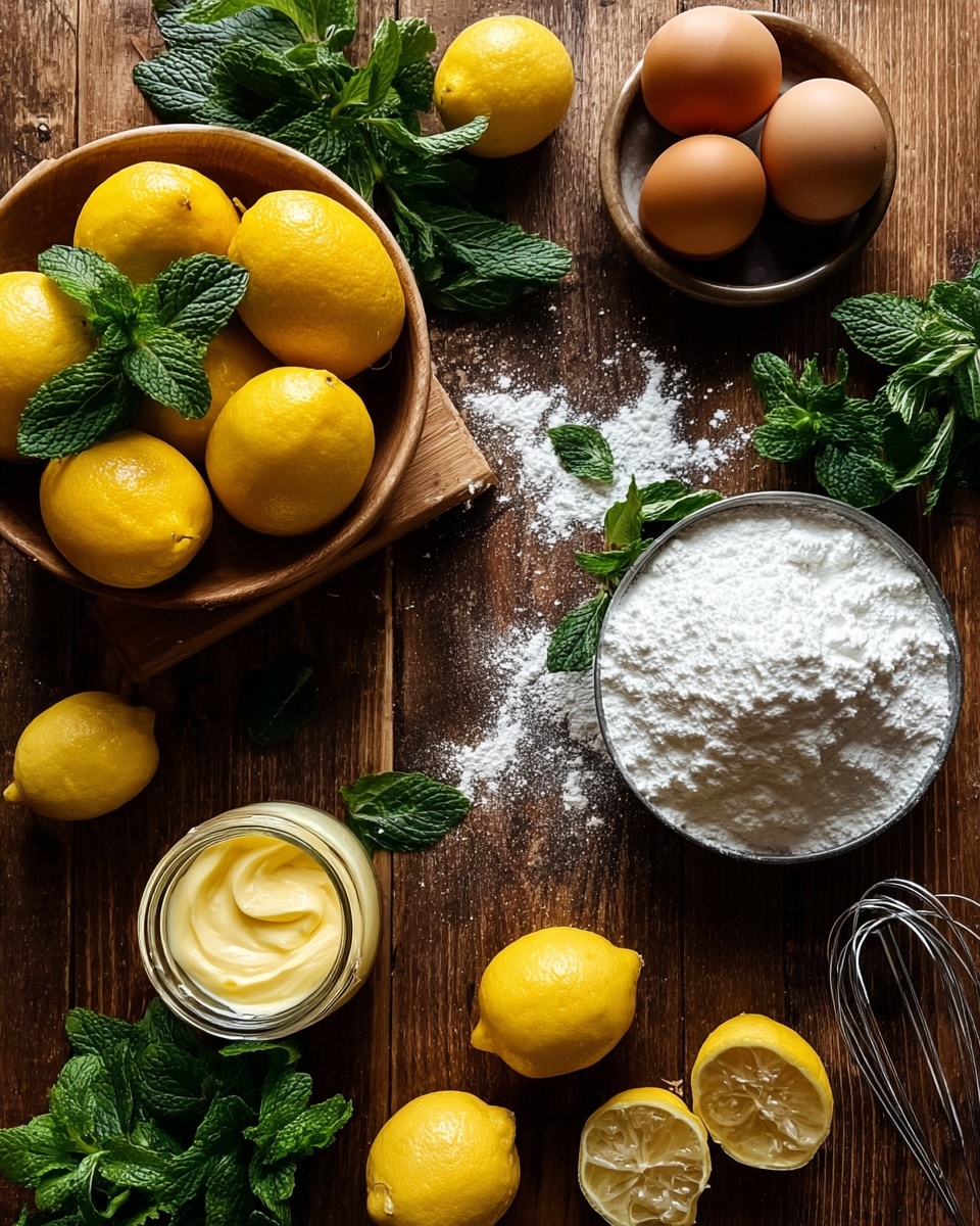 A wooden table is filled with fresh ingredients arranged around the edges, leaving the center empty. On the upper left is a bowl full of bright yellow lemons with green mint leaves mixed in. Below it, there are some brown eggs nestled in another bowl along with more lemons. On the right side, there is a white bowl filled with white powdered sugar, with some spilled around and a metal spoon partially covered in the powder. Near it, there's a small jar with creamy yellow butter. Fresh mint leaves are scattered around the image, adding green color contrast. A metal whisk lies diagonally on the lower right, and whole and halved lemons are placed in between the ingredients. The surface is a brown rustic wooden texture. Photo taken with an iphone --ar 4:5 --v 7