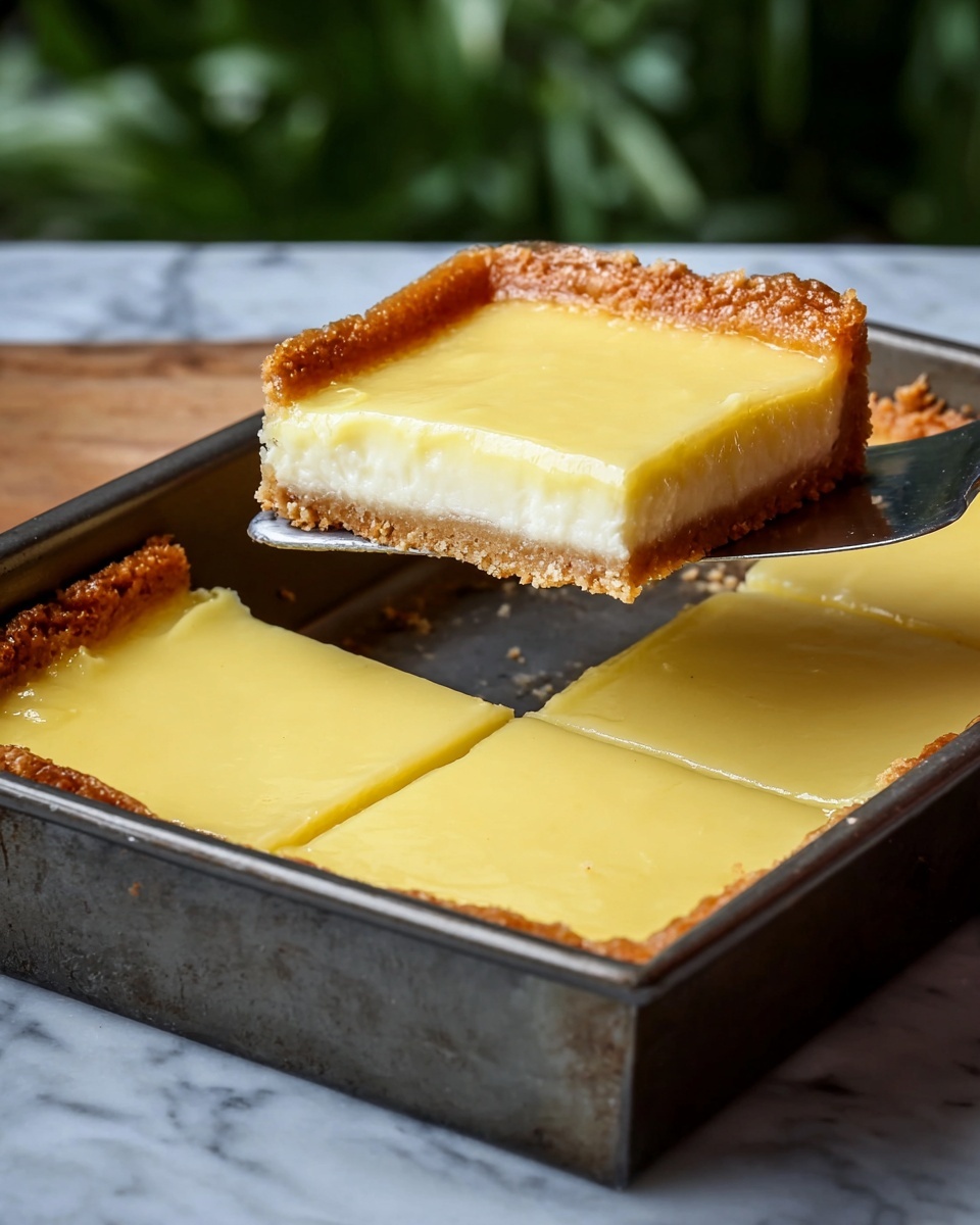 A square-shaped lemon bar dessert in a dark metal baking pan is shown with one piece removed. The dessert has two main layers: a thick, rough golden-brown crust forming the edges and base, and a smooth, pale yellow lemon filling on top. The filling is evenly spread and shiny, with a clean straight cut where the piece was taken out. A metal spatula is holding the removed piece above the empty space in the pan. The pan is placed on a white marbled surface, and there is a blurred green plant background. photo taken with an iphone --ar 4:5 --v 7
