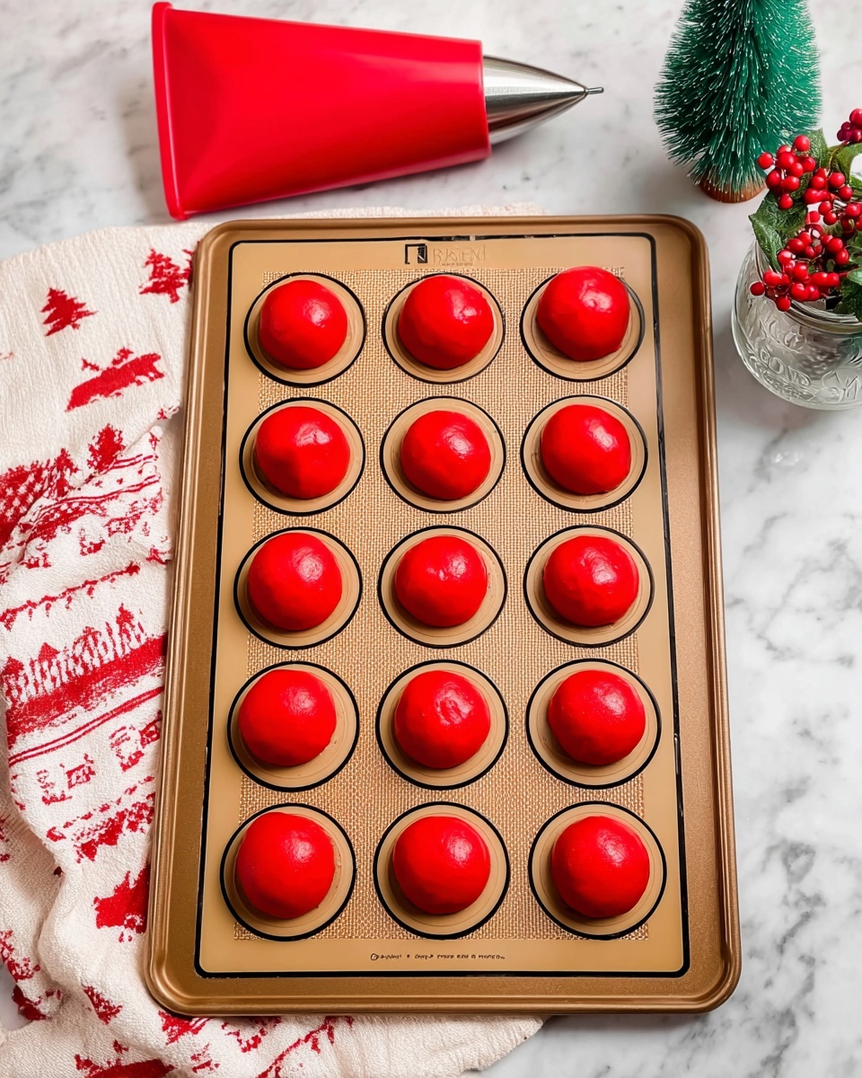 The image shows a baking tray with a tan silicone mat on top, holding twelve bright red, smooth, round dough pieces evenly spaced in three rows and four columns. Each dough piece is glossy and sits neatly inside circular black outlines printed on the mat. Behind the tray, a red piping bag with a metal tip rests on the white marbled surface, partly folded. On the right side of the tray, there is a small green Christmas tree and a glass jar with red berries and green leaves. A white cloth with red holiday patterns is partially visible around the bottom and right edges of the scene. Photo taken with an iphone --ar 4:5 --v 7