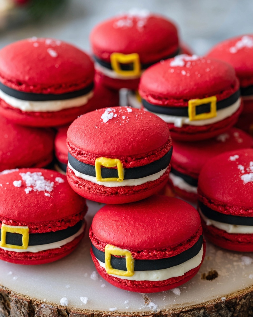 The image shows many bright red macarons stacked closely together, each with two smooth red shells sandwiching a thick layer of white cream filling. On the top shell of each macaron, there is a thin black belt made of icing going around the middle, decorated with a small, bright yellow square buckle in the center, giving the look of a festive belt. The macarons are placed on a white marbled surface with some on a round wooden slice, creating a soft, cozy feel. The texture of the macaron shells is smooth with a slight matte finish, and some crumbs can be seen around them. photo taken with an iphone --ar 4:5 --v 7