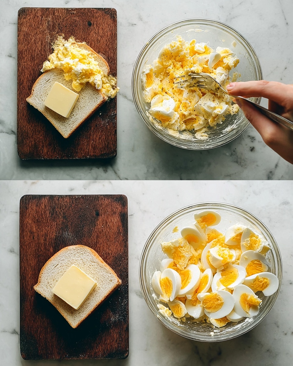 A clear glass bowl sits on a white marbled surface, containing layers of peeled boiled eggs being mashed by a woman's hand using a fork; the eggs show bright yellow yolks and white whites in several images, with added black pepper and a creamy white mixture later stirred in, creating a chunky yellow and white mix. Nearby on the same surface is a dark wooden board holding two white slices of bread, each topped with a square of pale butter, then covered evenly with the mashed egg mixture. In the final image, the bread is sliced with the crusts removed and the egg bread cut into fingers, showing the yellow filling inside each soft white sandwich piece. Photo taken with an iphone --ar 4:5 --v 7