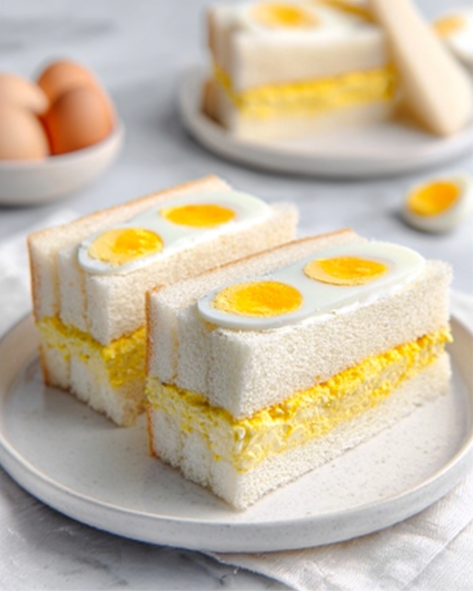 The image shows two thick sandwich pieces stacked side by side on a white plate, placed on a white marbled surface. Each sandwich has three layers of soft white bread, with the top and bottom layers being smooth and fluffy. The middle layer is bright yellow egg salad with small bits of egg white visible, and the top layer has slices of hard-boiled egg with bright yellow yolks and white edges. The sandwiches are cut neatly, showing the distinct layers clearly. In the background, soft-focused sandwiches and a bowl of whole hard-boiled eggs are visible. A woman's hand is gently holding one sandwich piece. The photo taken with an iphone --ar 4:5 --v 7
