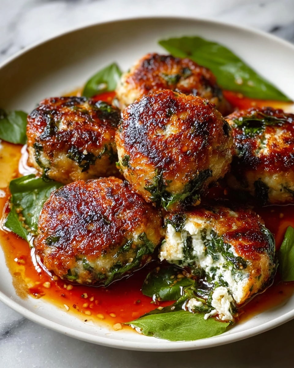 The dish shows four round patties with a crispy, browned outer layer that has hints of dark grill marks. Inside, the patties reveal a mixture of white and green, likely from cheese and chopped leafy greens. The patties sit on a white plate with some bright green leaves around them and a thin layer of reddish-orange sauce underneath, adding a glossy shine. One patty is partially broken open to show the inside texture of soft, crumbly cheese and vibrant greens. The background has a white marbled texture. photo taken with an iphone --ar 4:5 --v 7