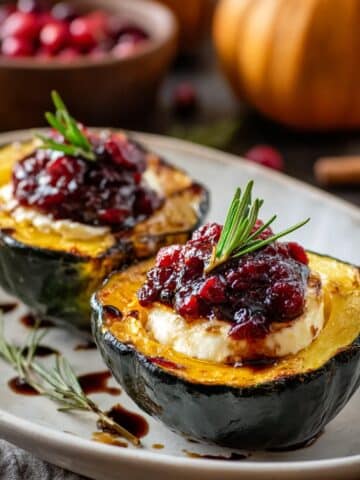 Honey-Glazed Acorn Squash with Goat Cheese and Cranberry Drizzle Recipe