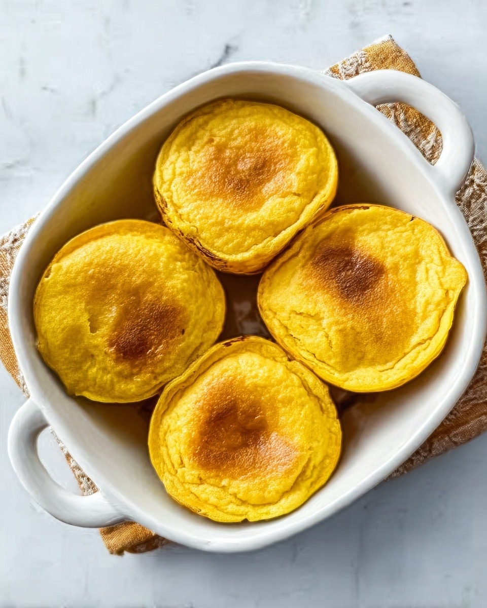 The image shows four small, round yellow baked items with a smooth, slightly browned top, arranged closely together in a white ceramic dish with two small handles, placed on a white marbled surface. Each item has a slightly darker brown spot in the center, and the texture looks soft and slightly shiny. The white dish contrasts with the vibrant yellow of the baked items, creating a warm and inviting look. photo taken with an iphone --ar 4:5 --v 7