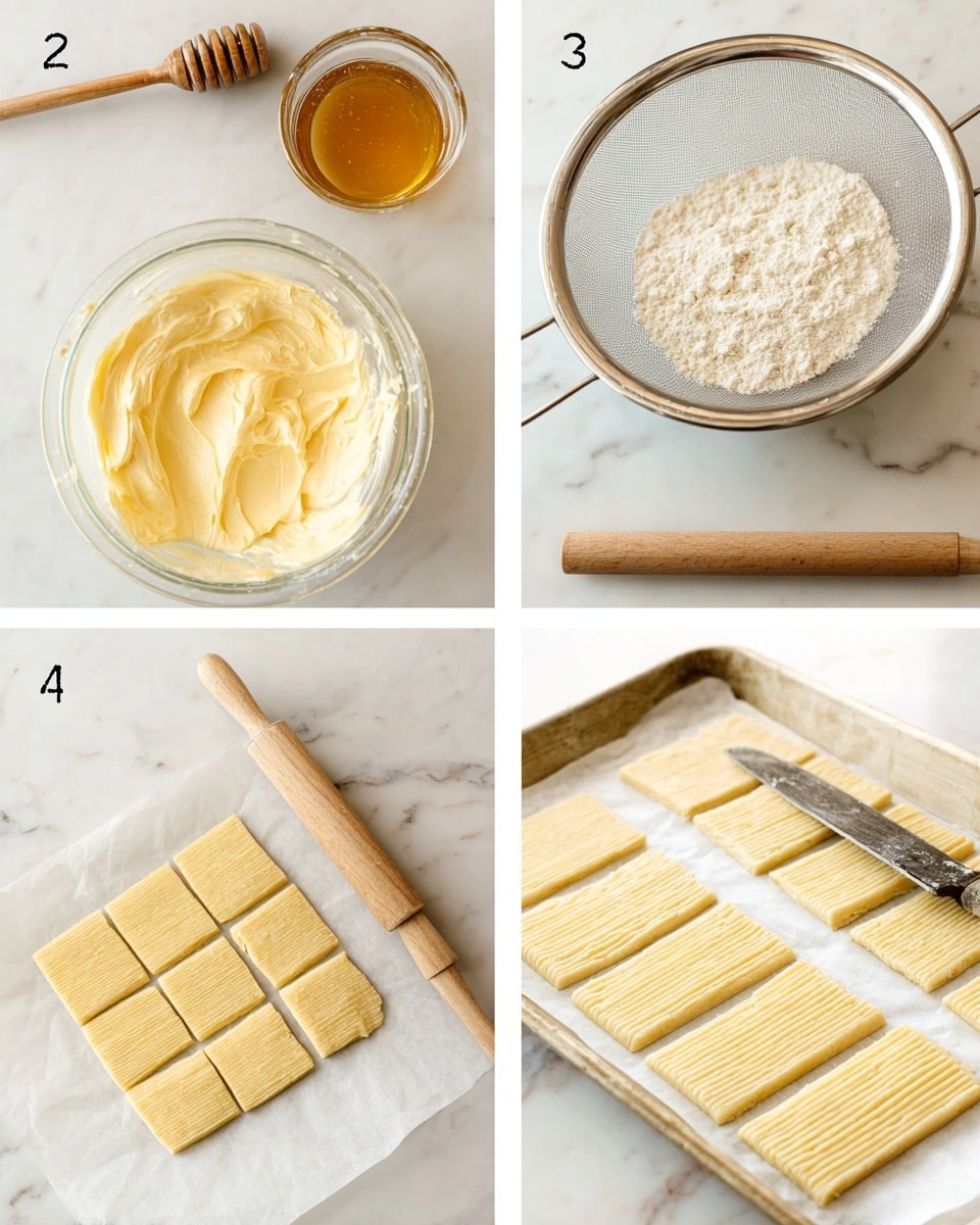 The image shows four steps of a baking process in a clean kitchen setting with a white marbled surface. In the first step, a clear glass bowl holds smooth pale yellow butter cream, with a small clear bowl of honey and a wooden honey dipper to the top left. The second step shows a metal sieve with white flour above the same clear bowl containing a mixture of pale yellow batter. In the third step, a square dough sheet with fine ridges is being cut on white parchment paper, with a metal knife placed diagonally and a wooden ridged rolling pin at the edge. The fourth step presents evenly cut rectangular dough pieces with ridged texture laid out in neat rows on a white parchment-lined baking tray. photo taken with an iphone --ar 4:5 --v 7