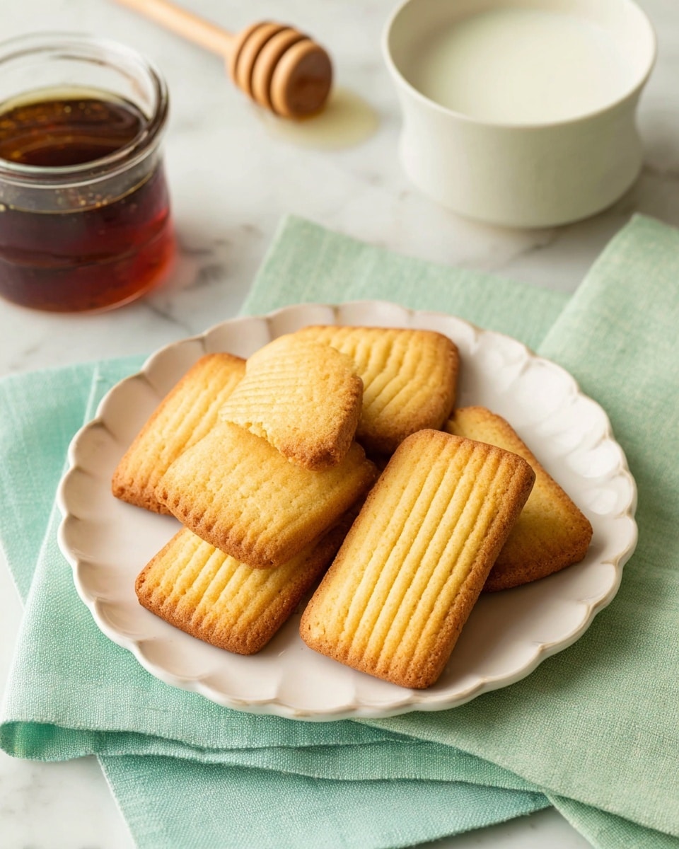 A white scalloped plate holds seven rectangular golden cookies with fine parallel ridges on their surfaces. The cookies are slightly stacked and arranged in a circle, showing their light brown edges and textured tops. The plate sits on two folded cloths in shades of pastel green and teal. In the background, there is a small glass jar filled with dark honey and a wooden honey dipper resting inside, and a white bowl filled with milk. All the items rest on a white marbled surface. photo taken with an iphone --ar 4:5 --v 7