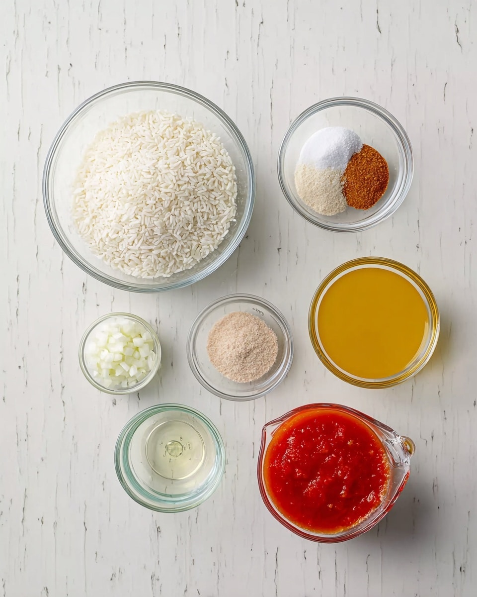 The image shows seven clear glass containers arranged on a white marbled surface. On the left, there is a large glass bowl filled with white rice. Above it, a small glass bowl holds a pale powder, and to its right, another small glass bowl contains a brown spice. Below these, a measuring cup with a small amount of clear oil sits next to a small round bowl of chopped white onions. On the right side, there are two glass measuring cups, one filled with yellow liquid broth and the other with red tomato sauce. All items are neatly spaced and viewed from above. Photo taken with an iphone --ar 4:5 --v 7
